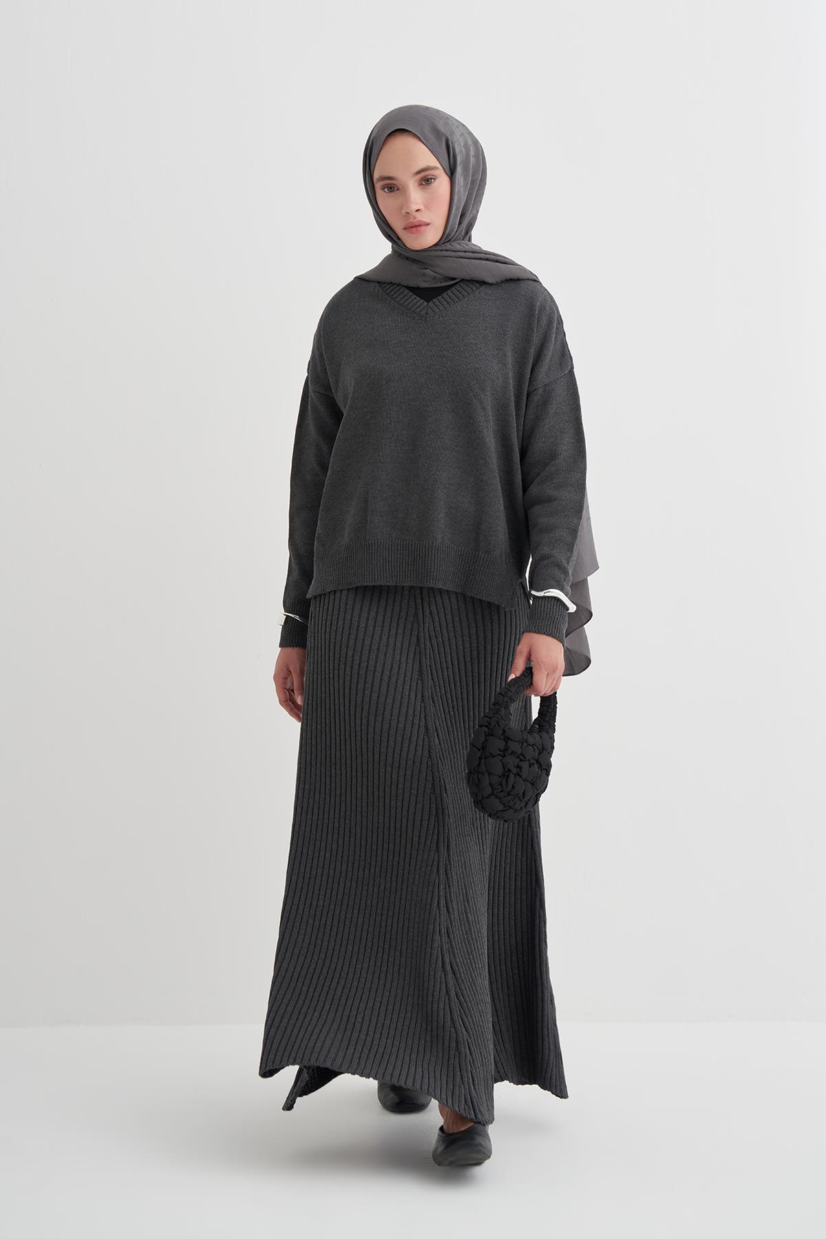 Fitilli Triko Etekli Takım Antrasit