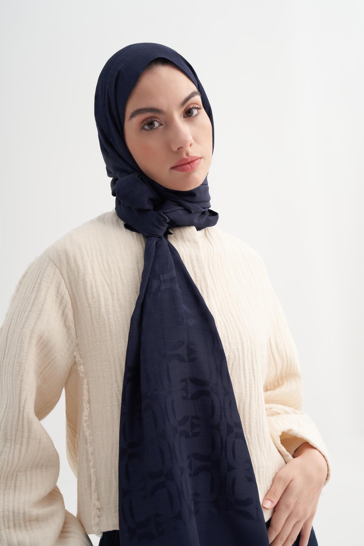 Blok Desen Rina Floş Jakar Şal Koyu Lacivert