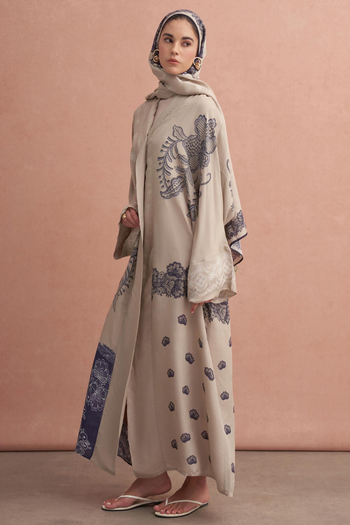 Floral Floş Abaya Latte