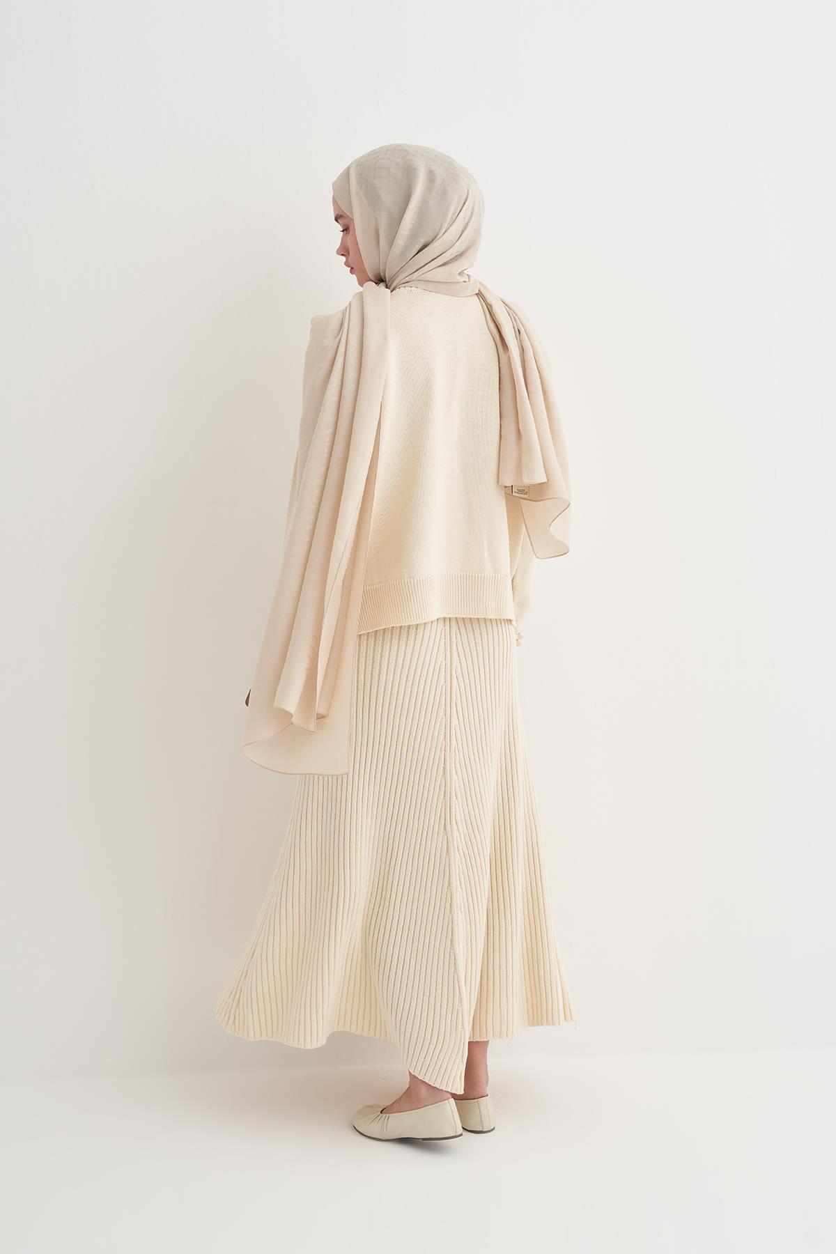 Fitilli Triko Etekli Takım Krem