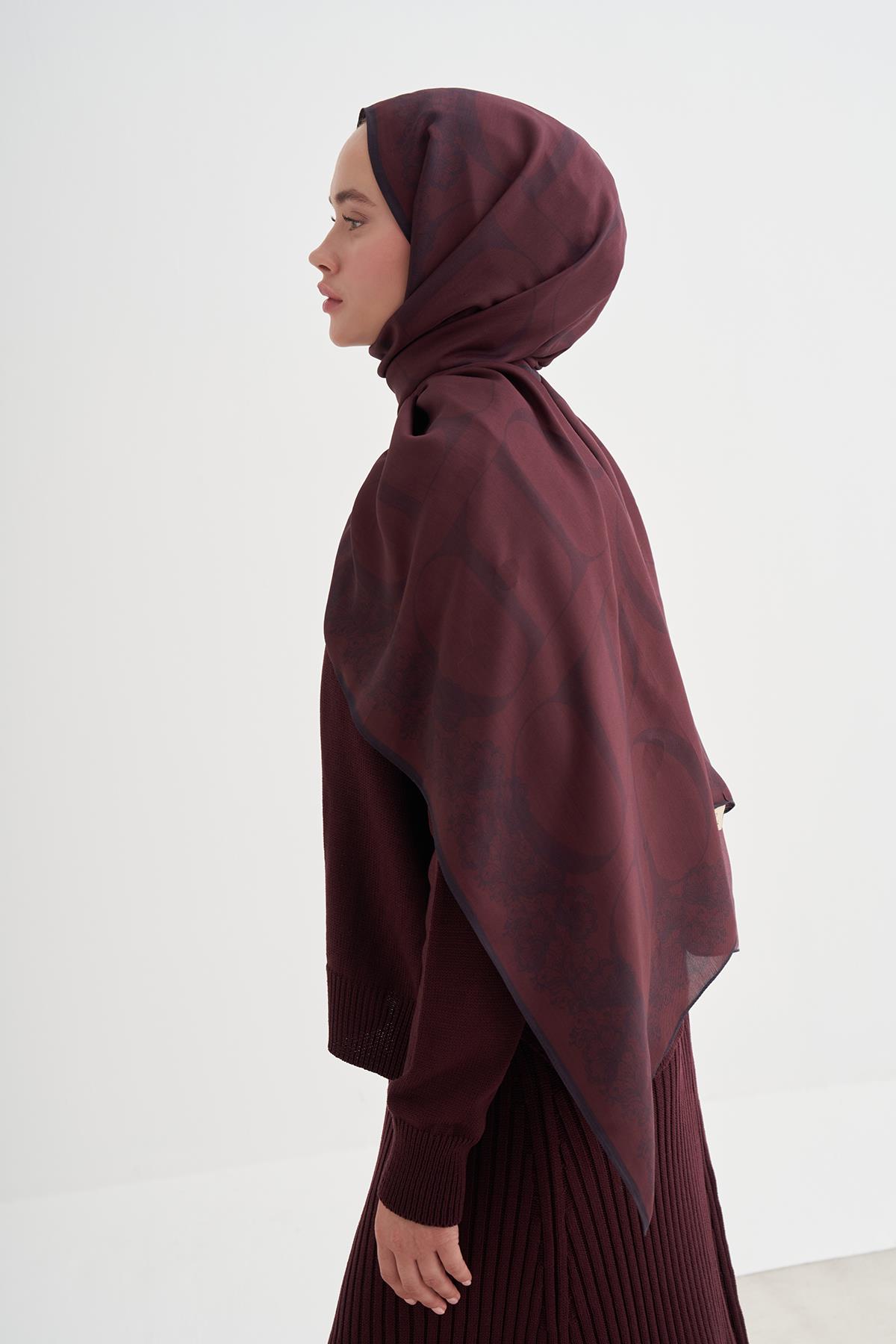 Floral Monogram Floş Şal Mürdüm