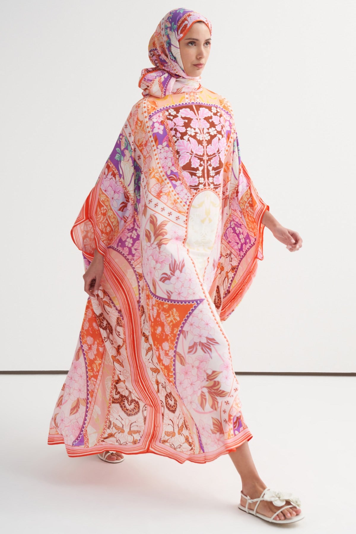 Patchwork Floş Kaftan Pembe