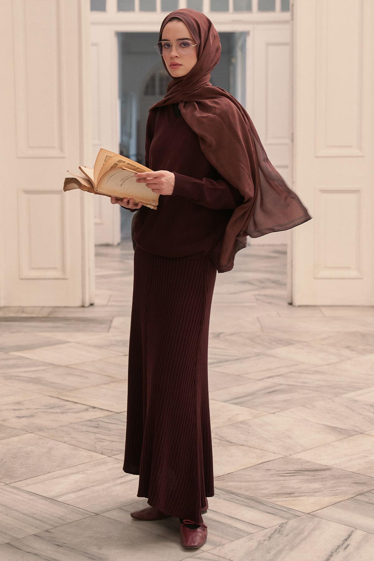 Fitilli Triko Etekli Takım Mürdüm