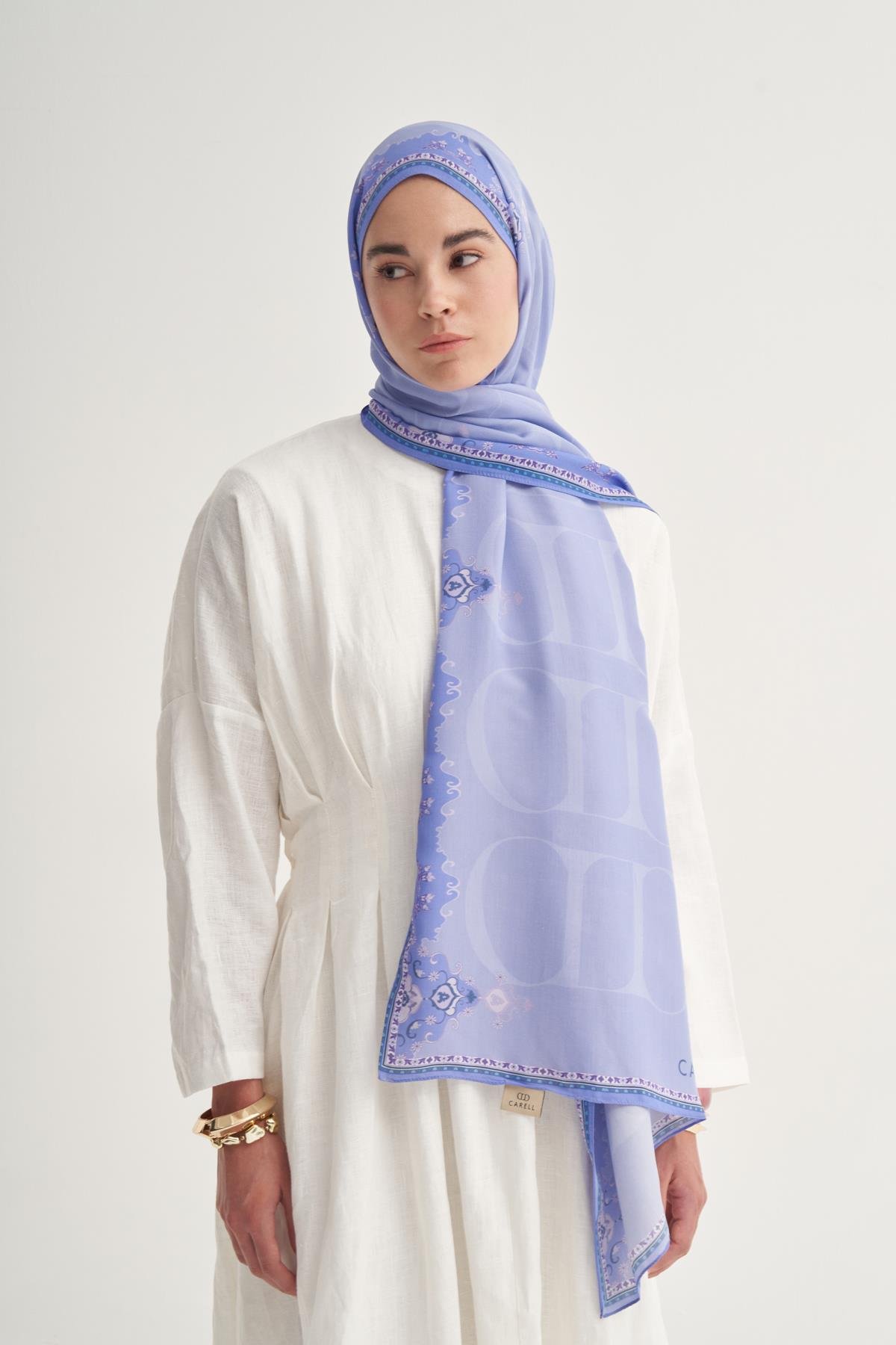 Luxe Çiçekli Monogram Floş Şal Lila