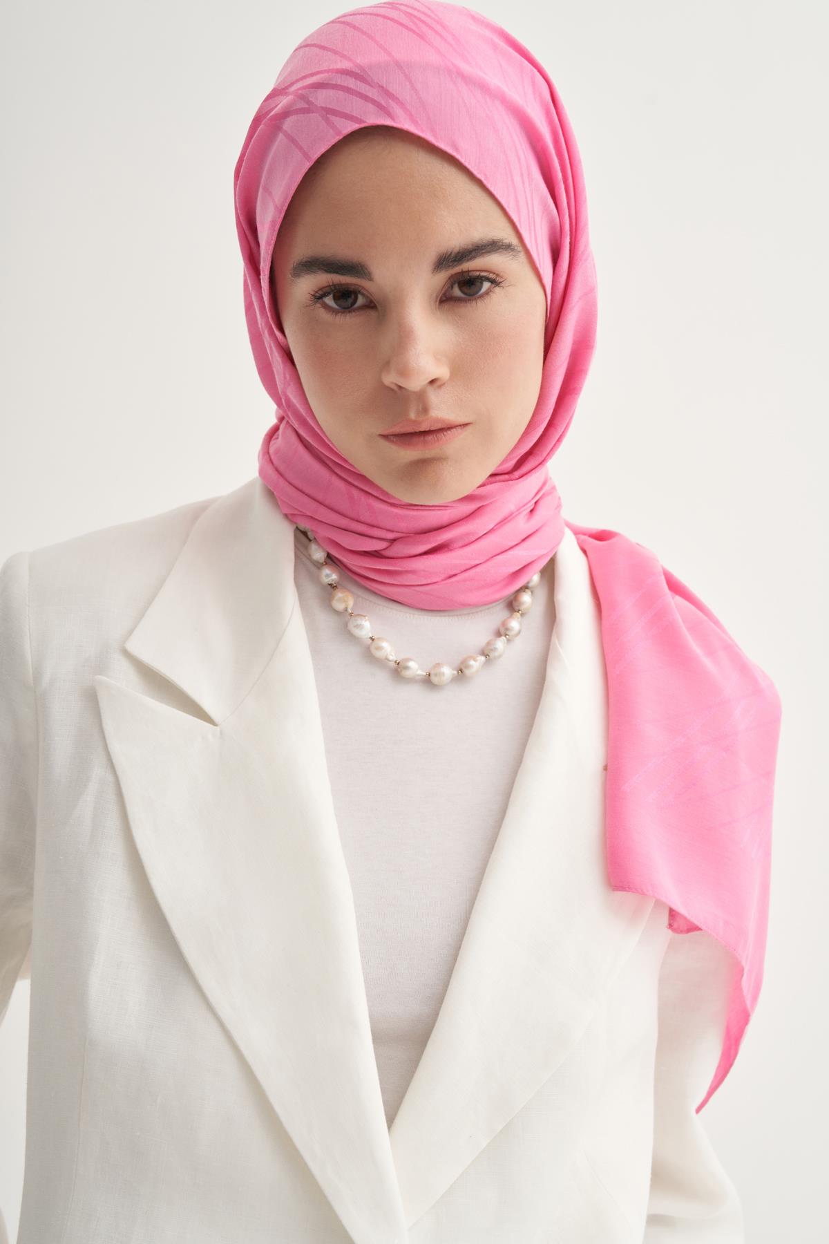 Simetrik Jakar İtalyan  İpekli Şal Koyu Pembe