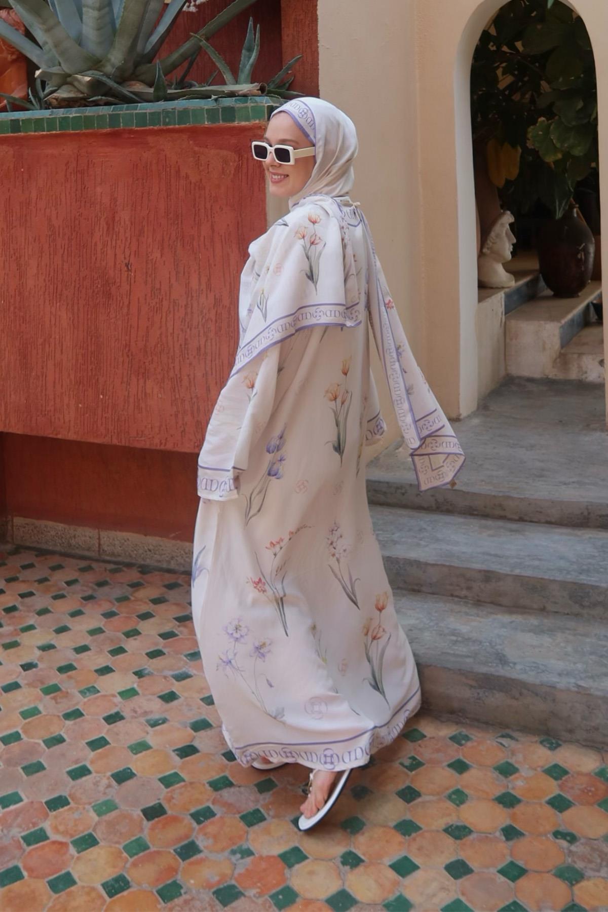 Rana Cesurun Tercihi Palmara Ekru Floş Kaftan