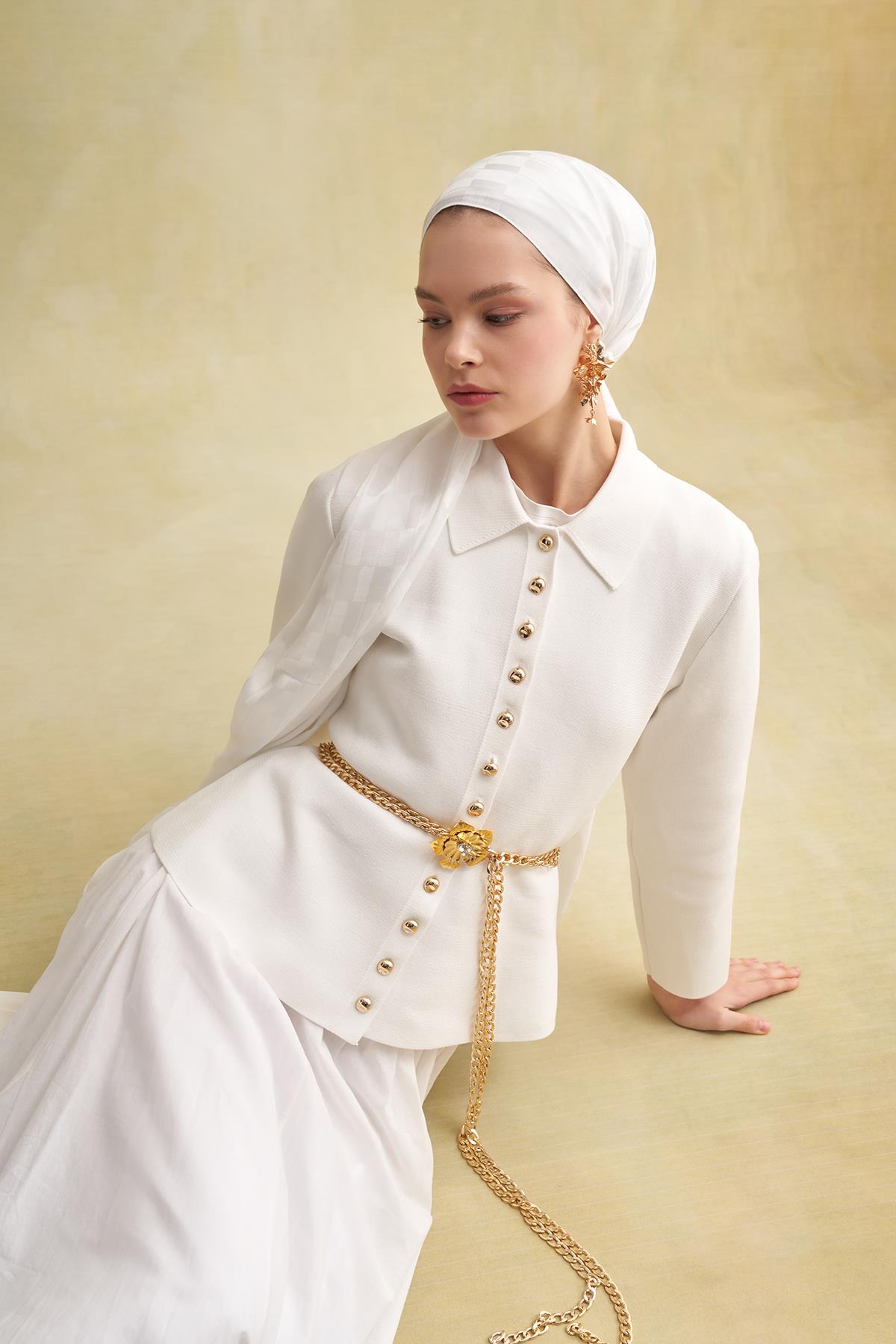 Küpçizgi Jakar İtalyan İpekli Şal Ekru