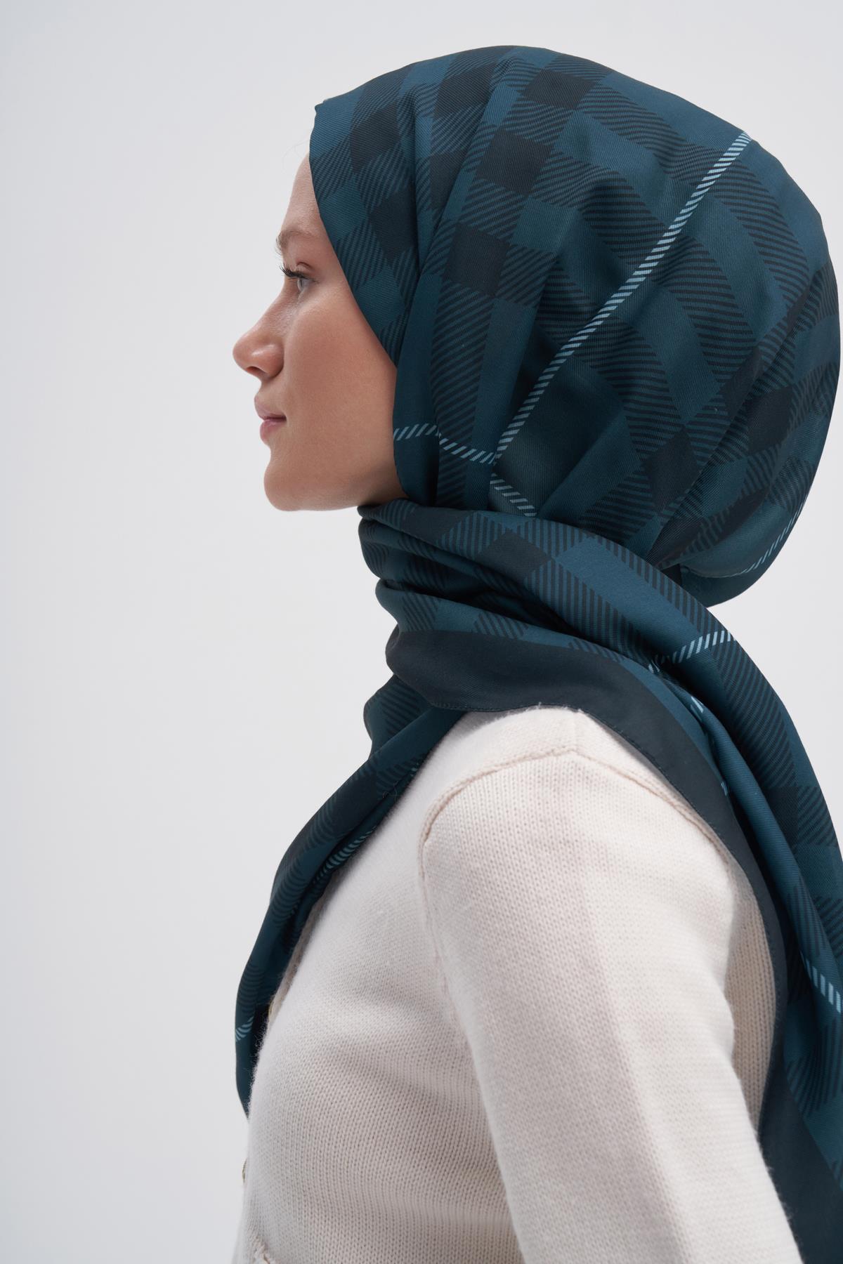 Echo Pamuk Şal Cuadros Petrol Mavisi