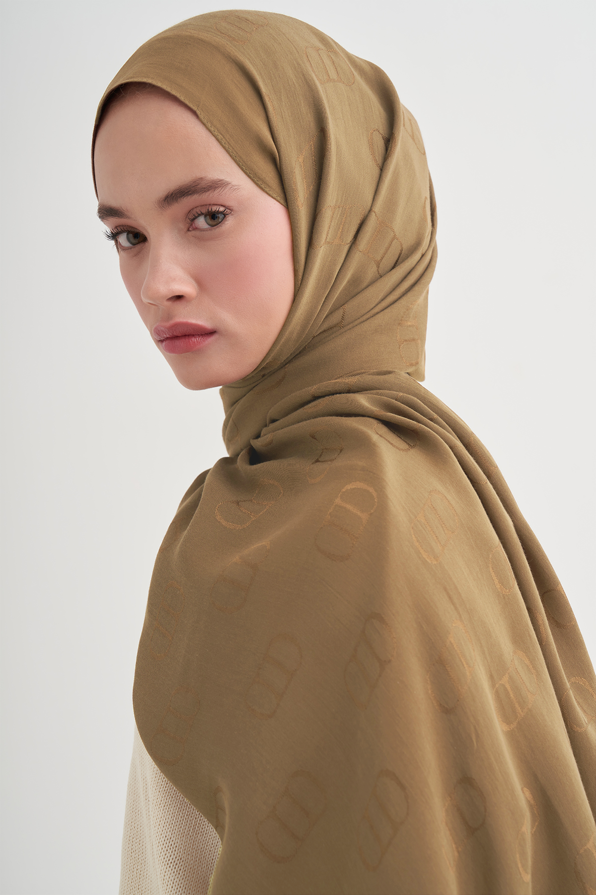 Monogram Desen Liora Pamuk Şal Hardal