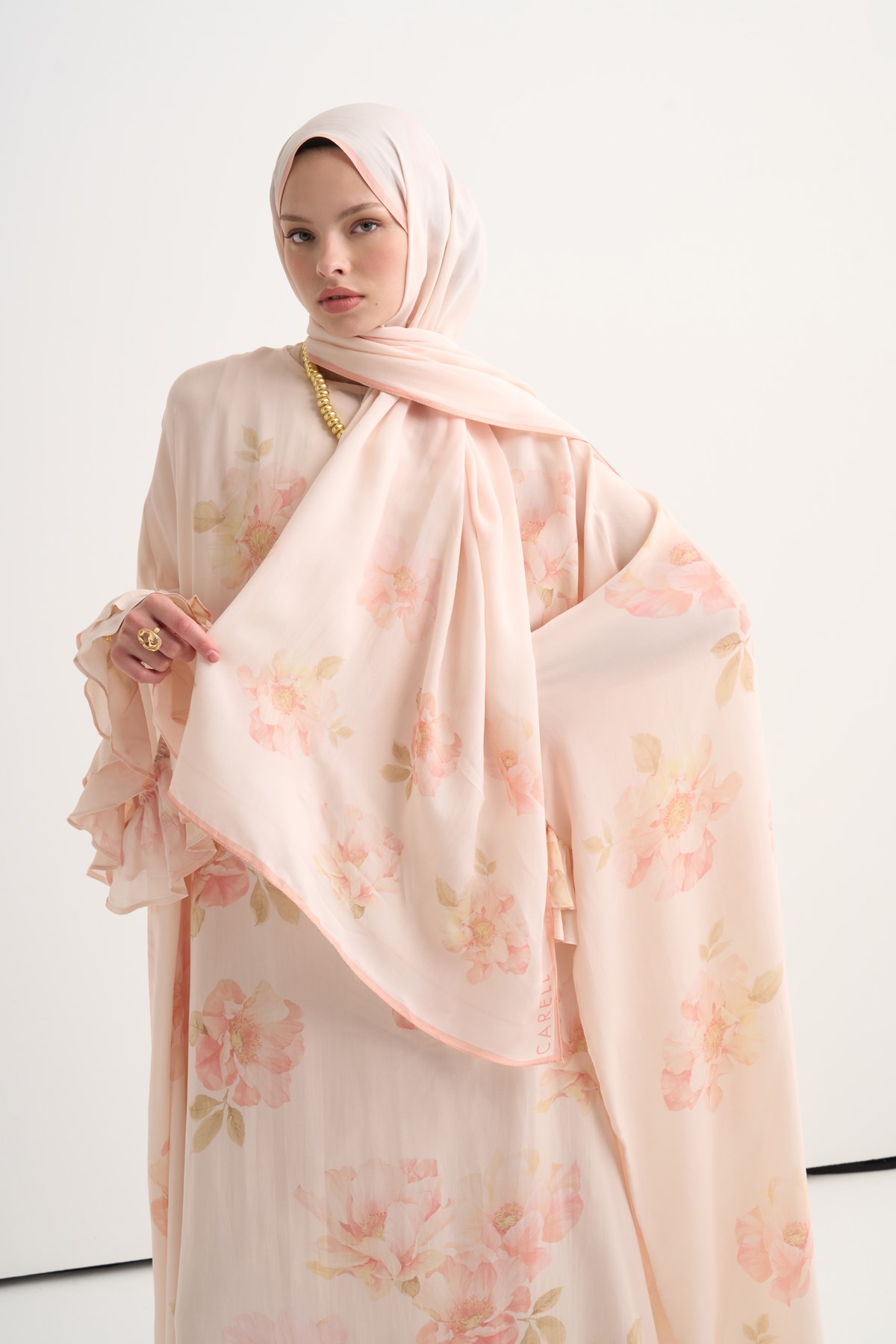 Fleur Floş Fırfır Detaylı Kaftan Pudra