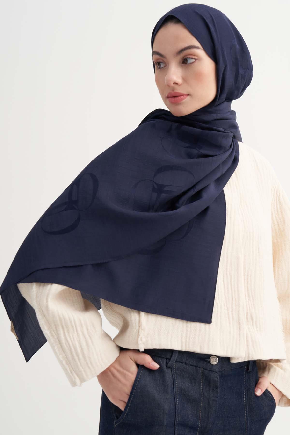 Aura Desen Rina Floş Jakar Şal Koyu Lacivert