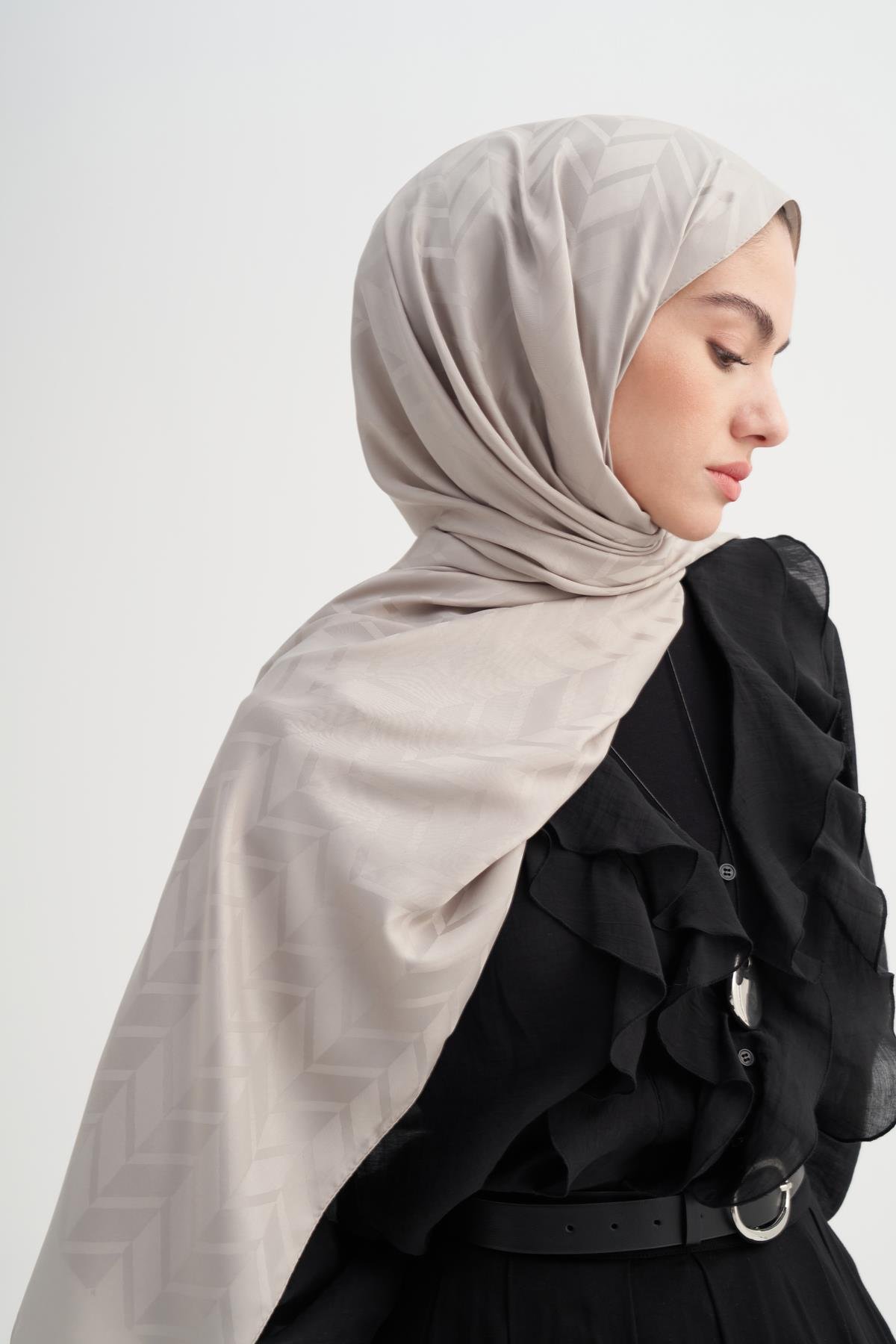 Baklava Desen Pamuk İpek Şal Füme