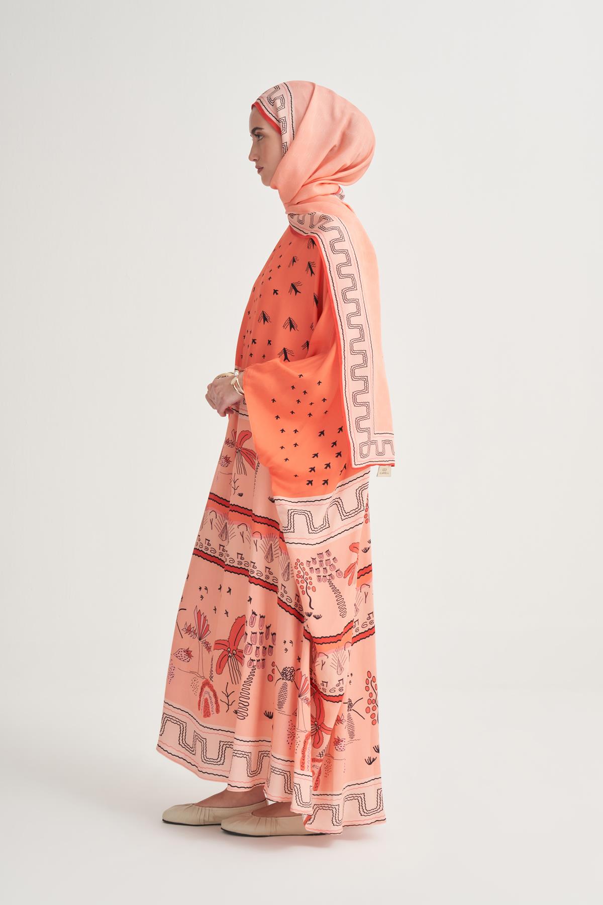 Dora Premium Floş Kaftan Mercan