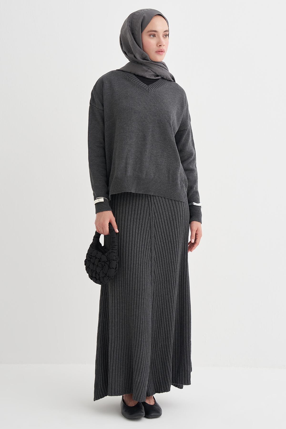 Fitilli Triko Etekli Takım Antrasit