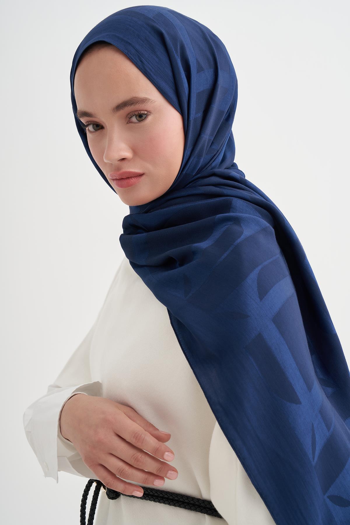 Geometrik Desen Liora Pamuk Şal Lacivert