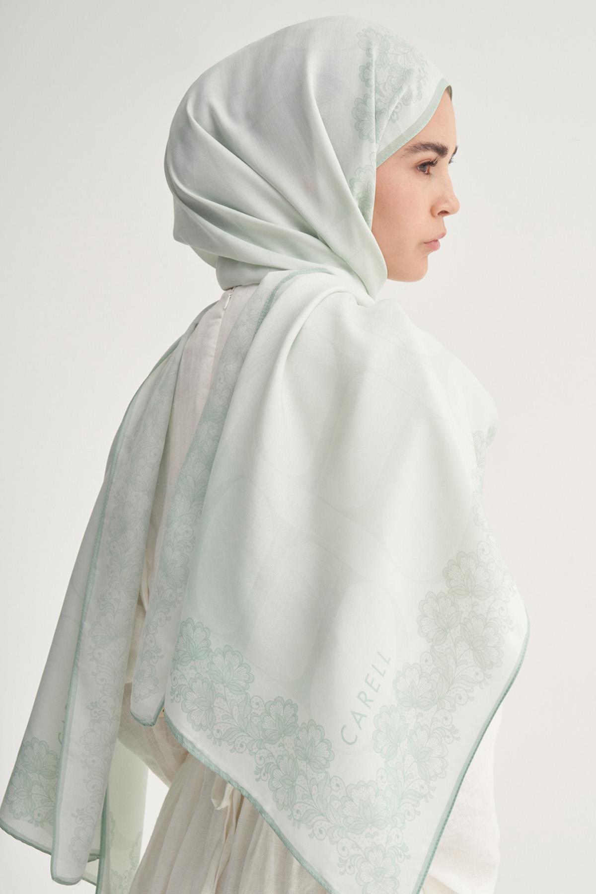 Floral Çiçekli Monogram Floş Şal Su Yeşili