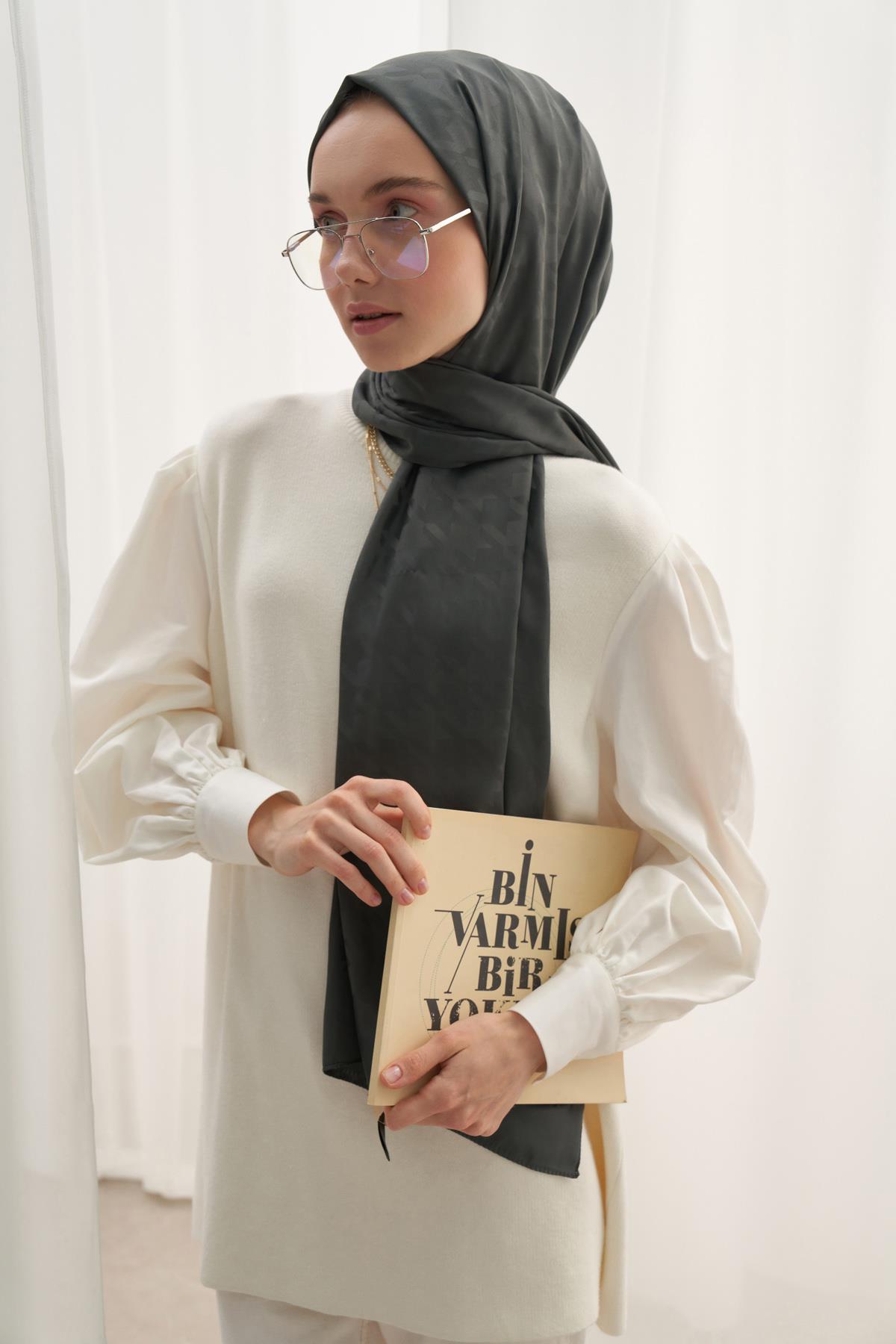 Kazayağı Desen Pamuk İpek Şal Haki