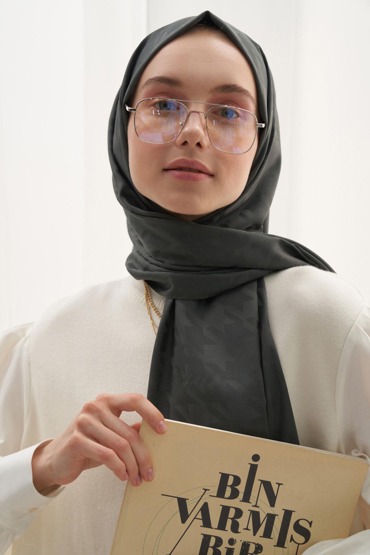 Kazayağı Desen Pamuk İpek Şal Haki