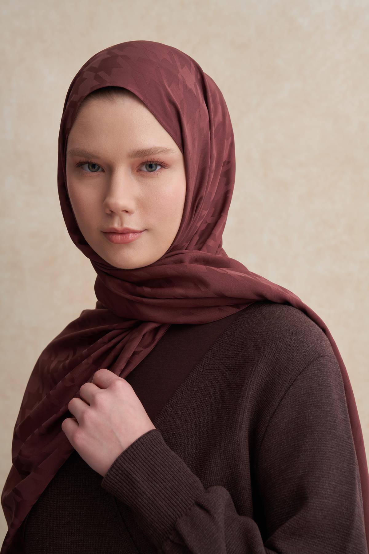 Kazayağı Desen Pamuk İpek Şal Kızıl Kahve