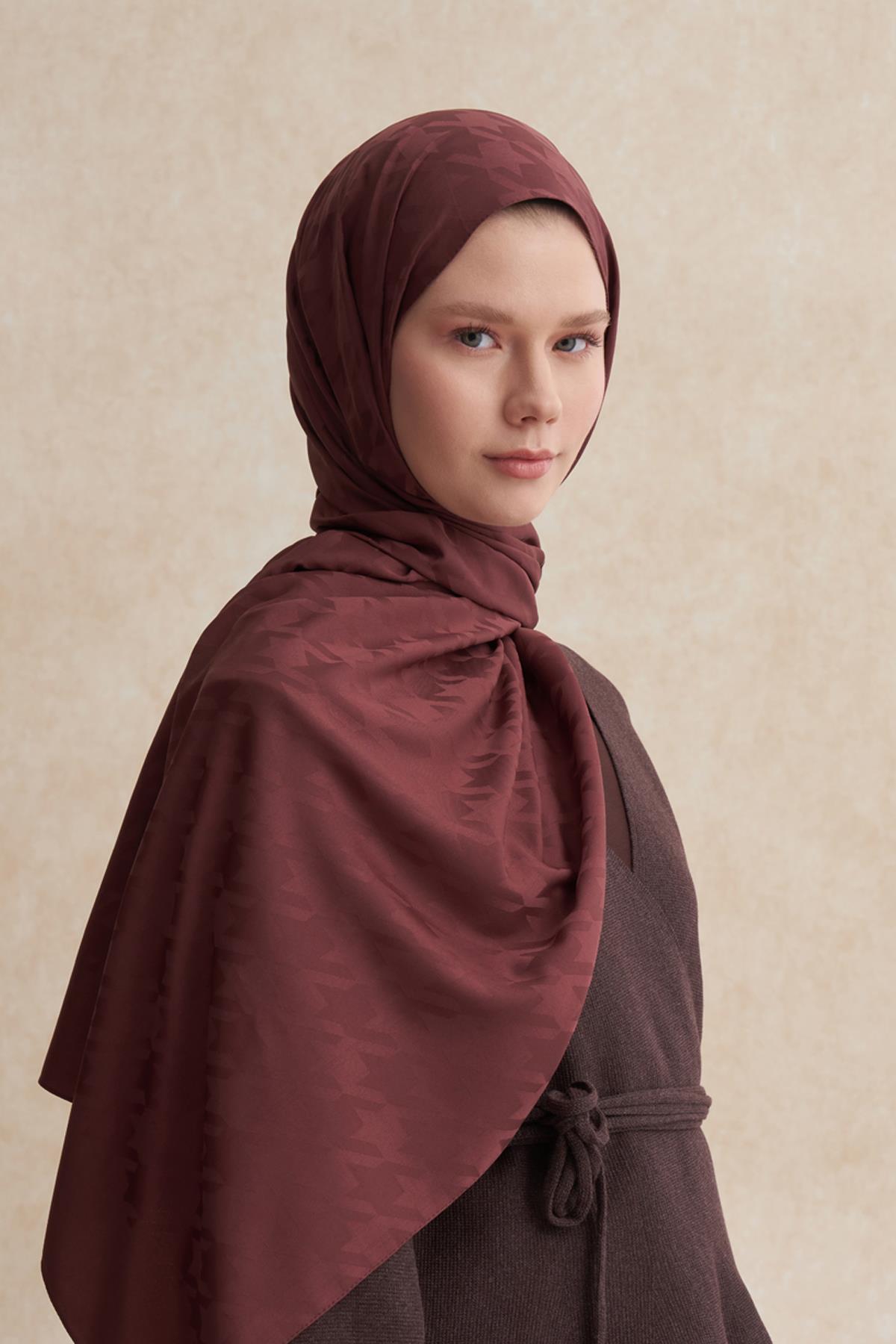 Kazayağı Desen Pamuk İpek Şal Kızıl Kahve