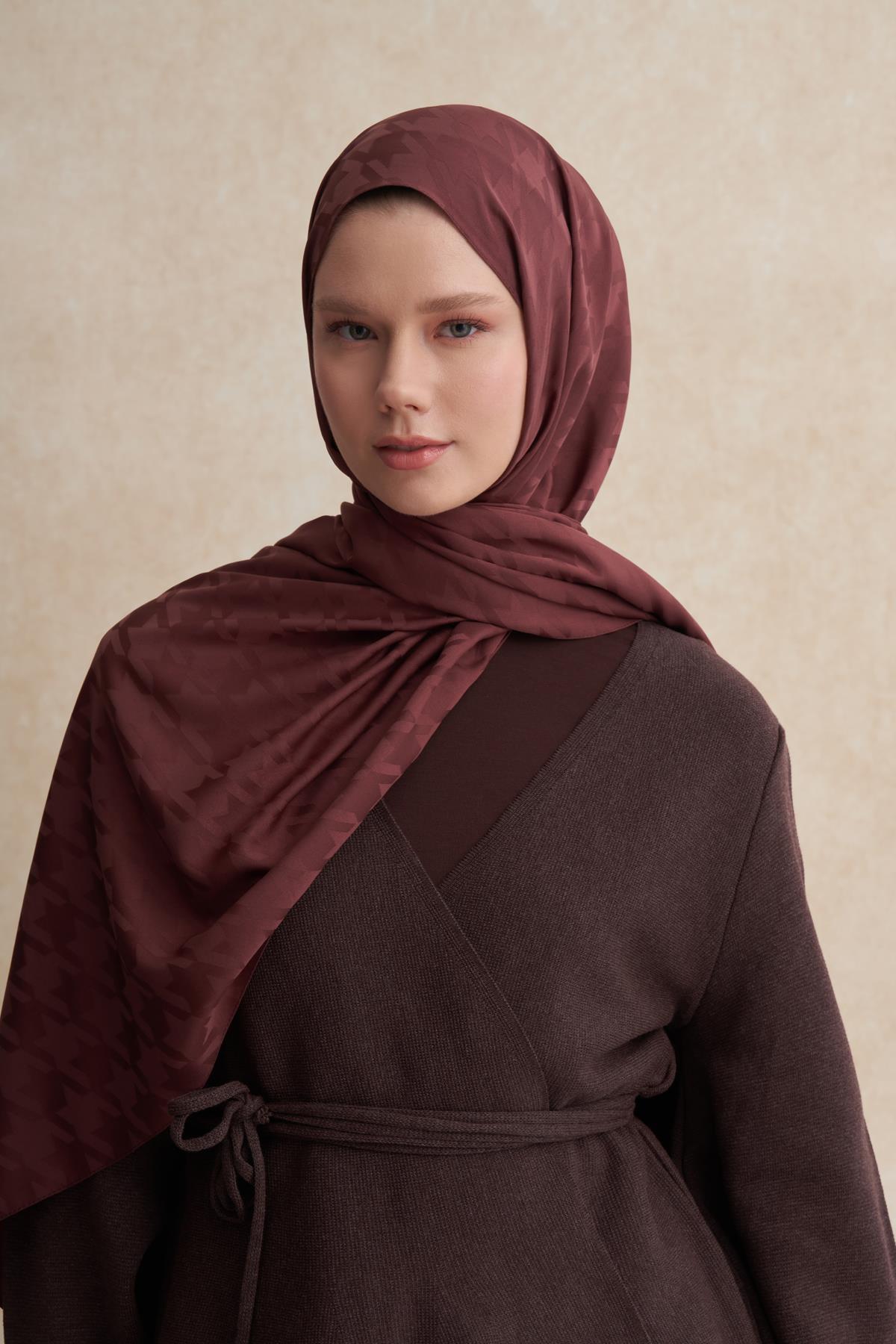 Kazayağı Desen Pamuk İpek Şal Kızıl Kahve