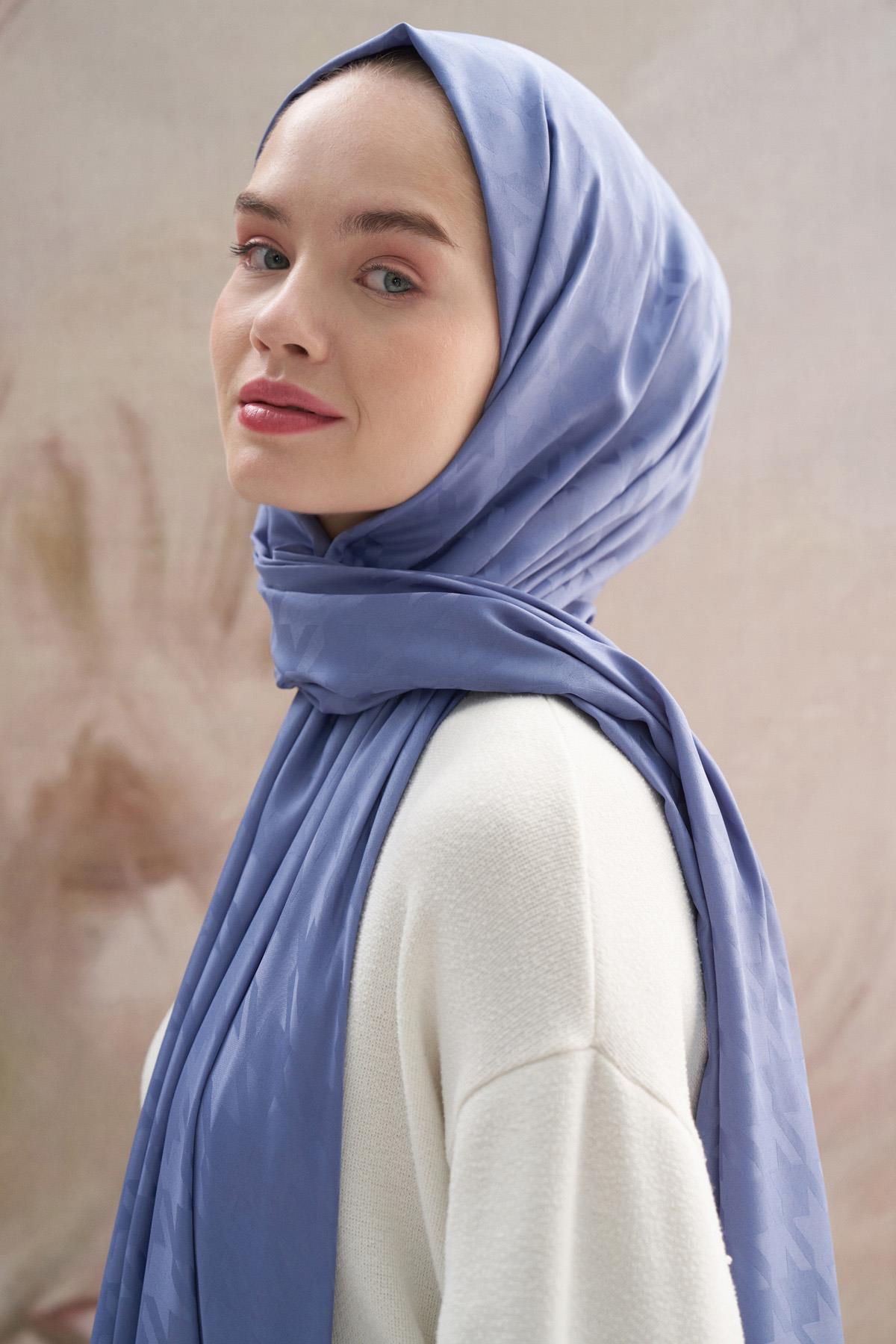 Kazayağı Desen Pamuk İpek Şal Kot Mavi