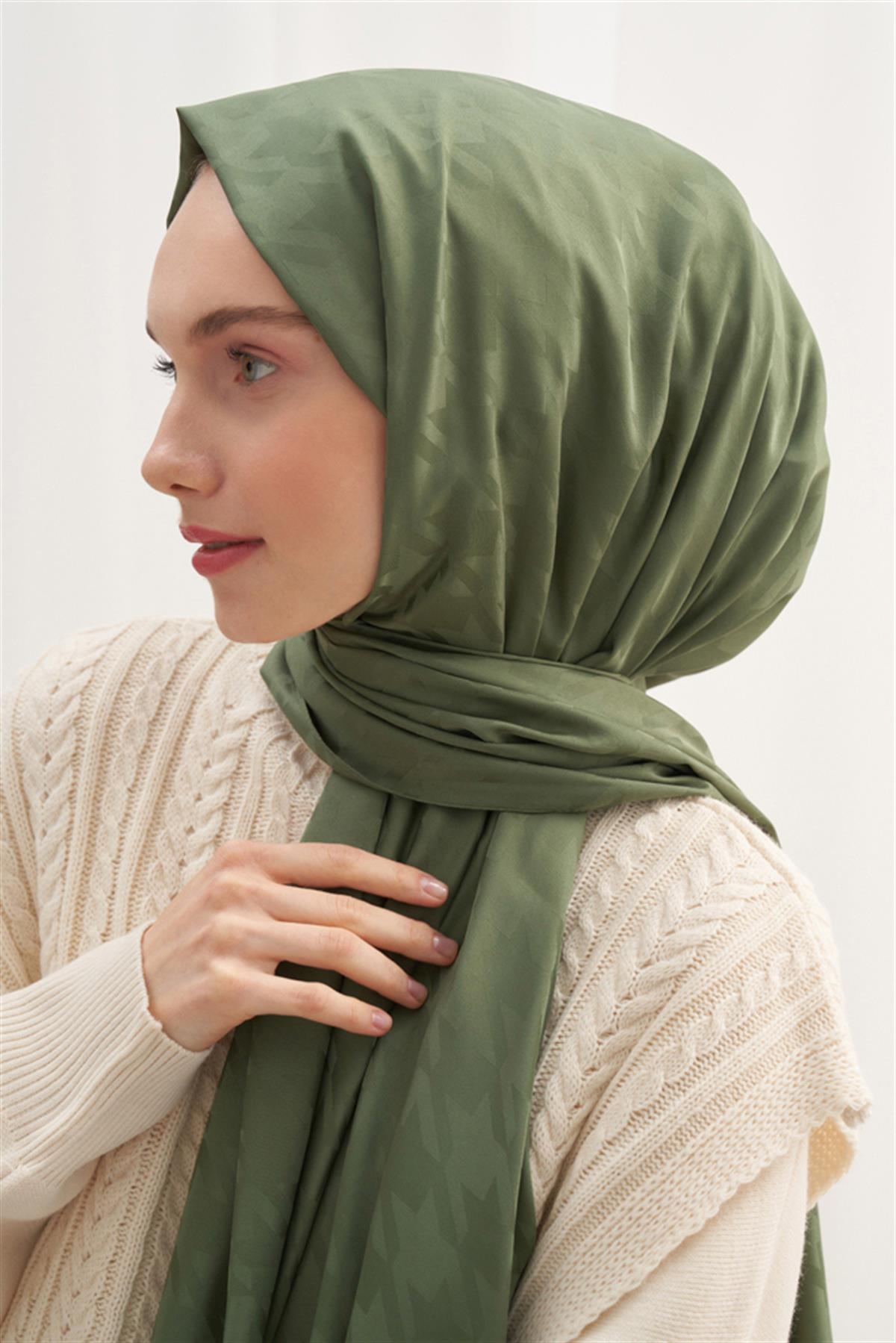 Kazayağı Desen Pamuk İpek Şal Orman Yeşili