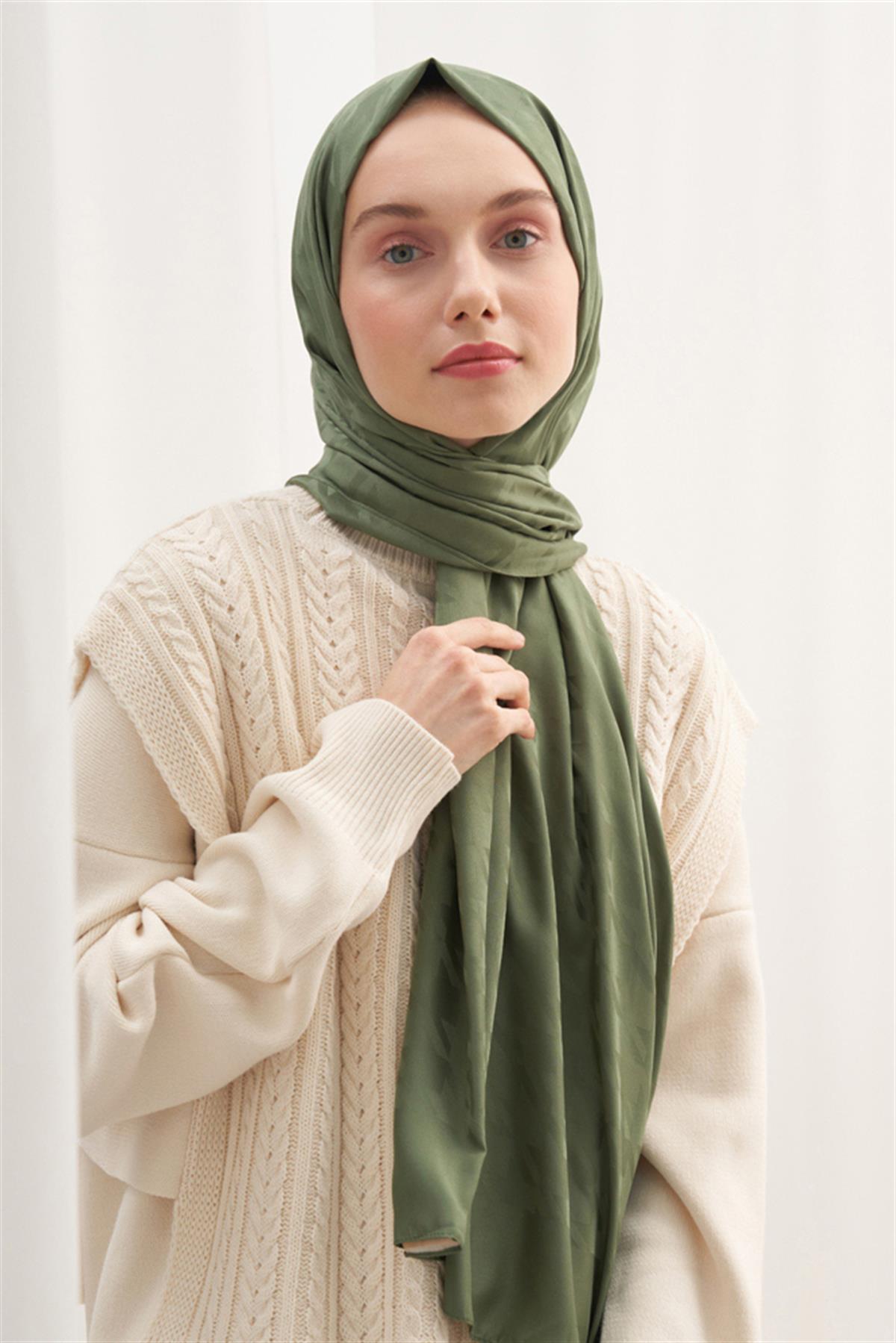 Kazayağı Desen Pamuk İpek Şal Orman Yeşili