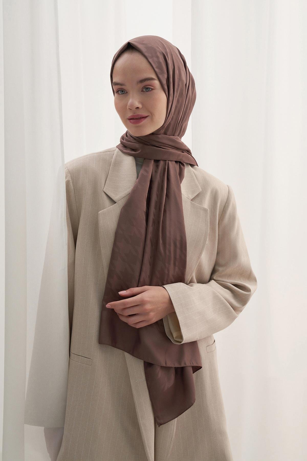 Kazayağı Desen Pamuk İpek Şal Soft Kahve