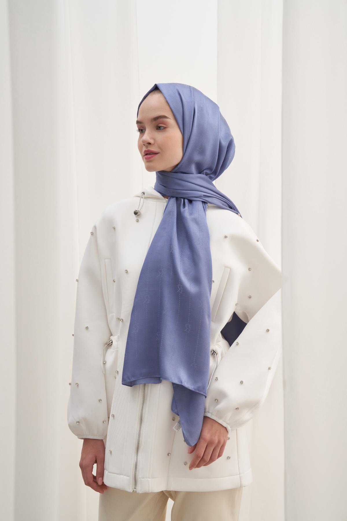 Monogram Jakar İtalyan İpekli Şal Kot Mavi