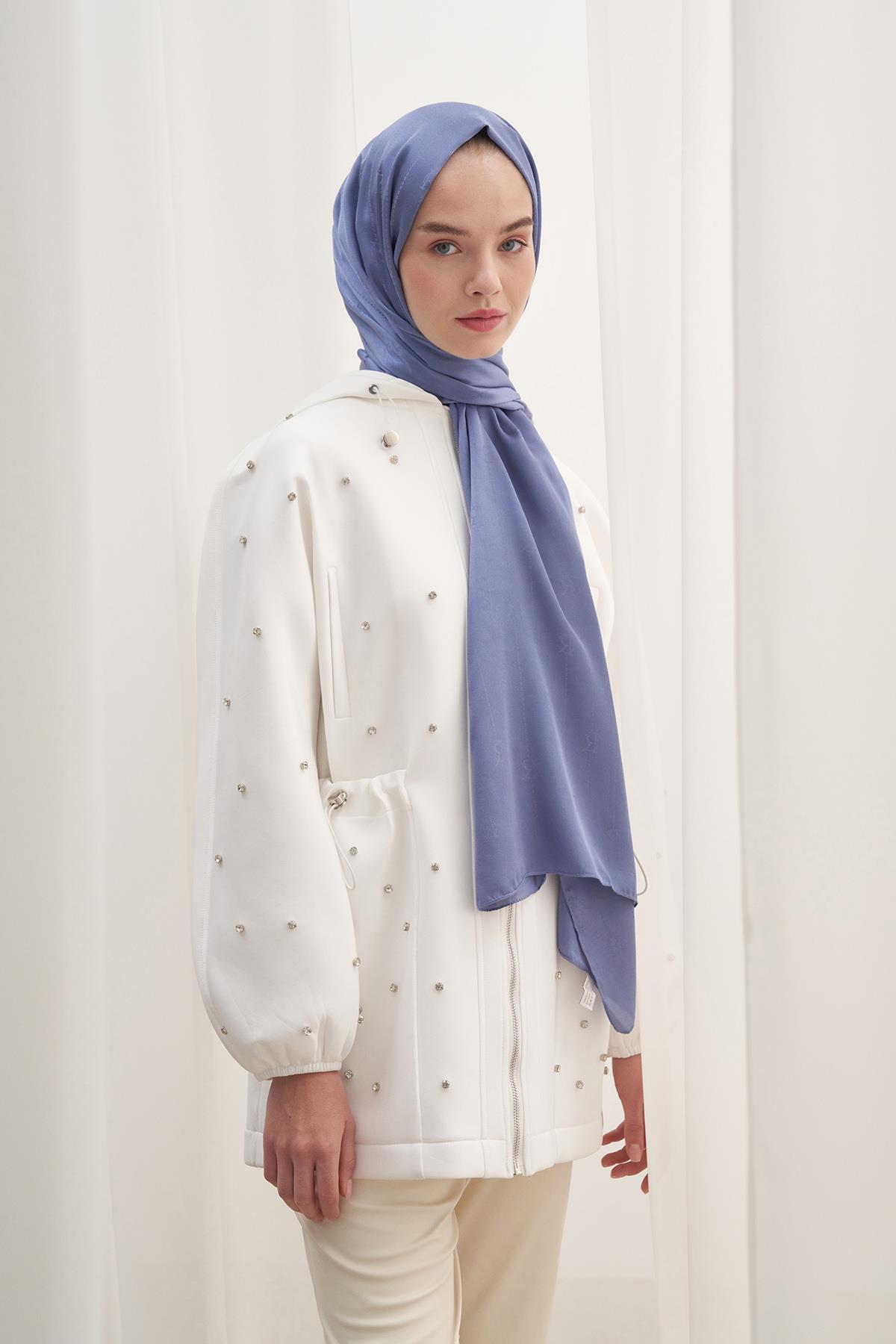 Monogram Jakar İtalyan İpekli Şal Kot Mavi