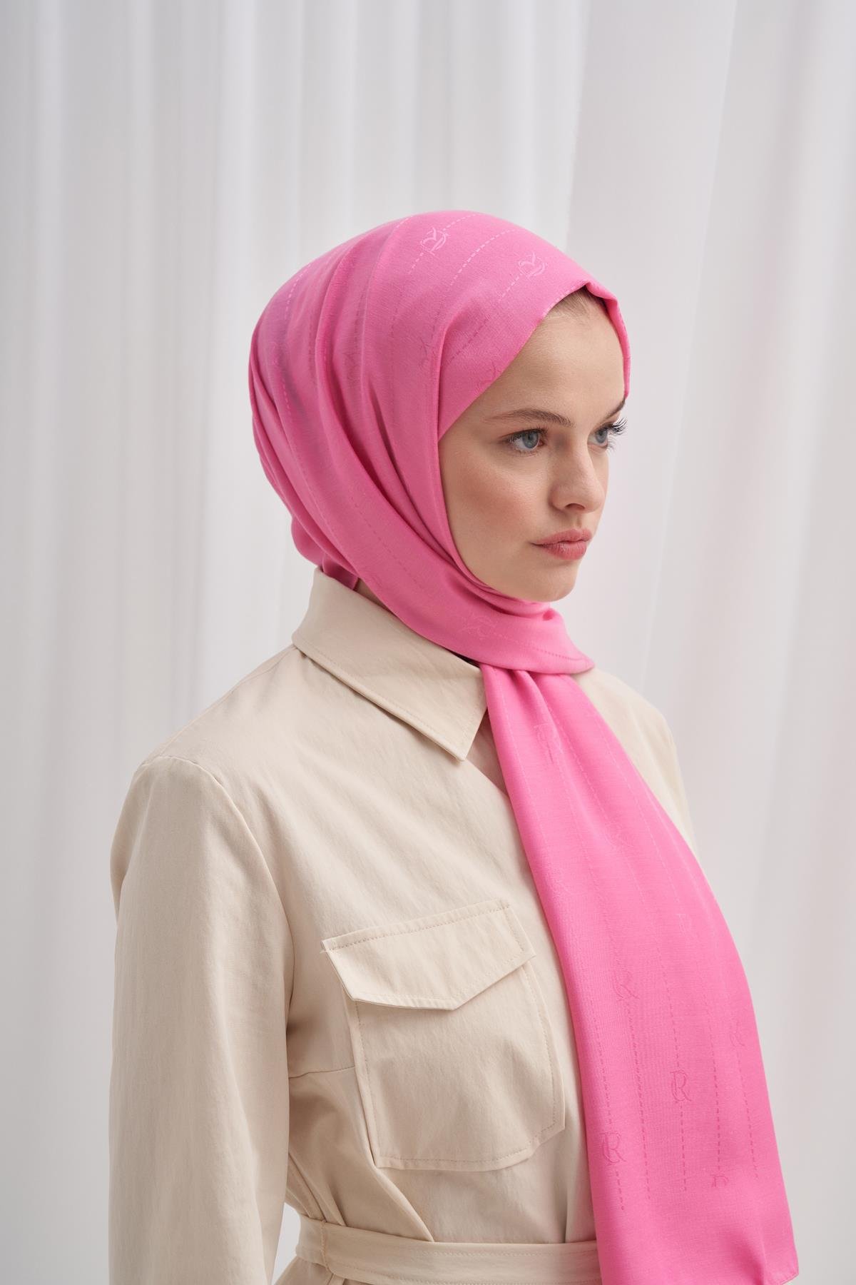 Monogram Jakar İtalyan İpekli Şal Koyu Pembe