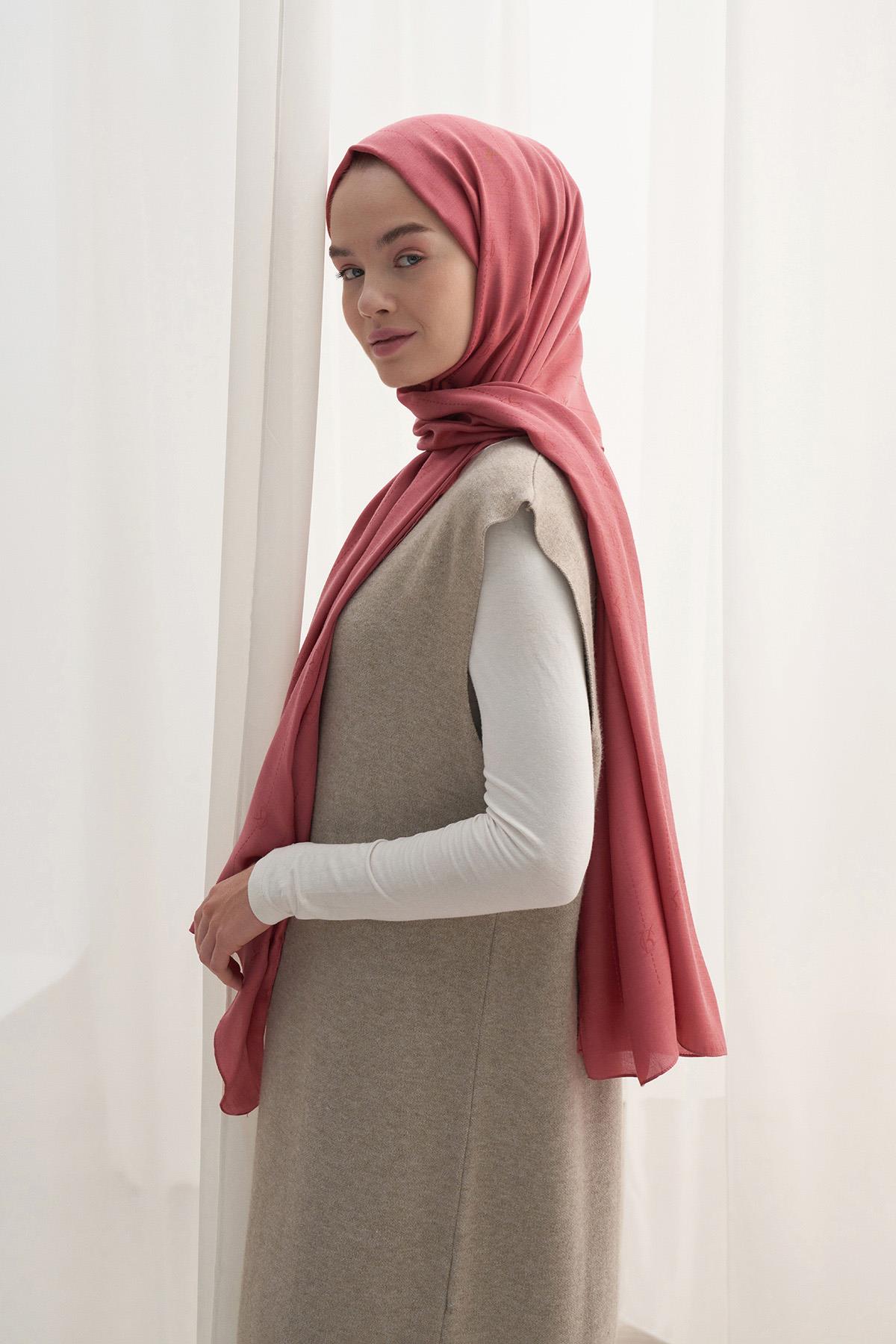 Monogram Jakar İtalyan İpekli Şal Mercan