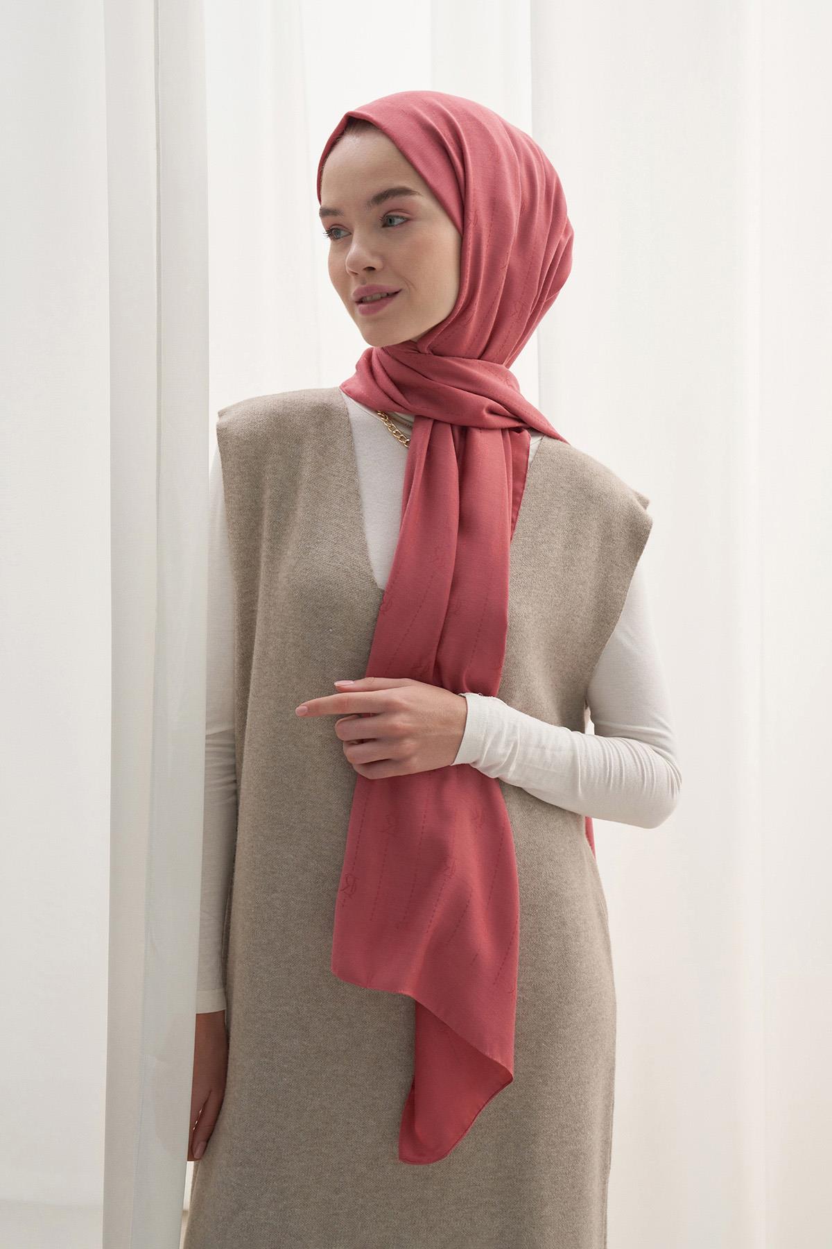 Monogram Jakar İtalyan İpekli Şal Mercan