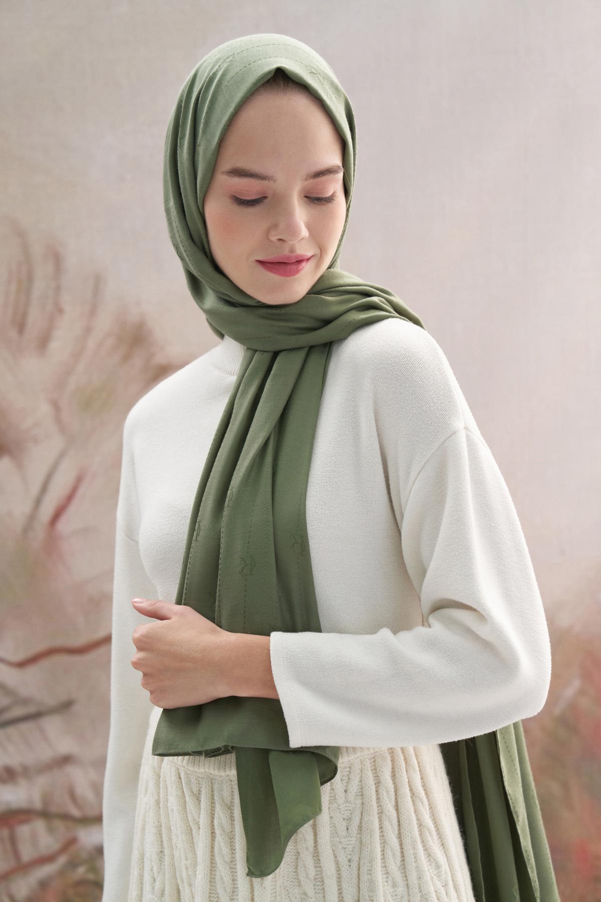 Monogram Jakar İtalyan İpekli Şal Orman Yeşili