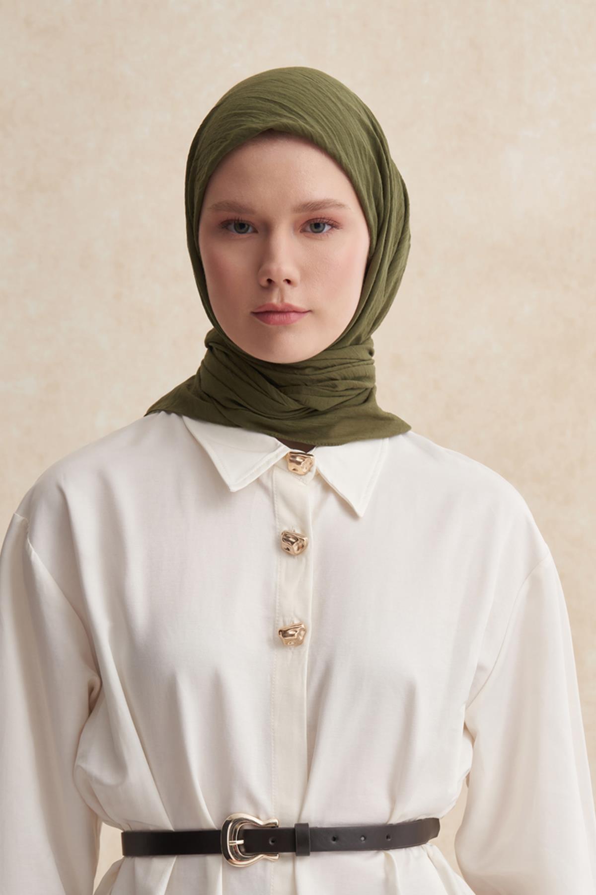 Organik Kırışık Eşarp Zeytin Yeşili