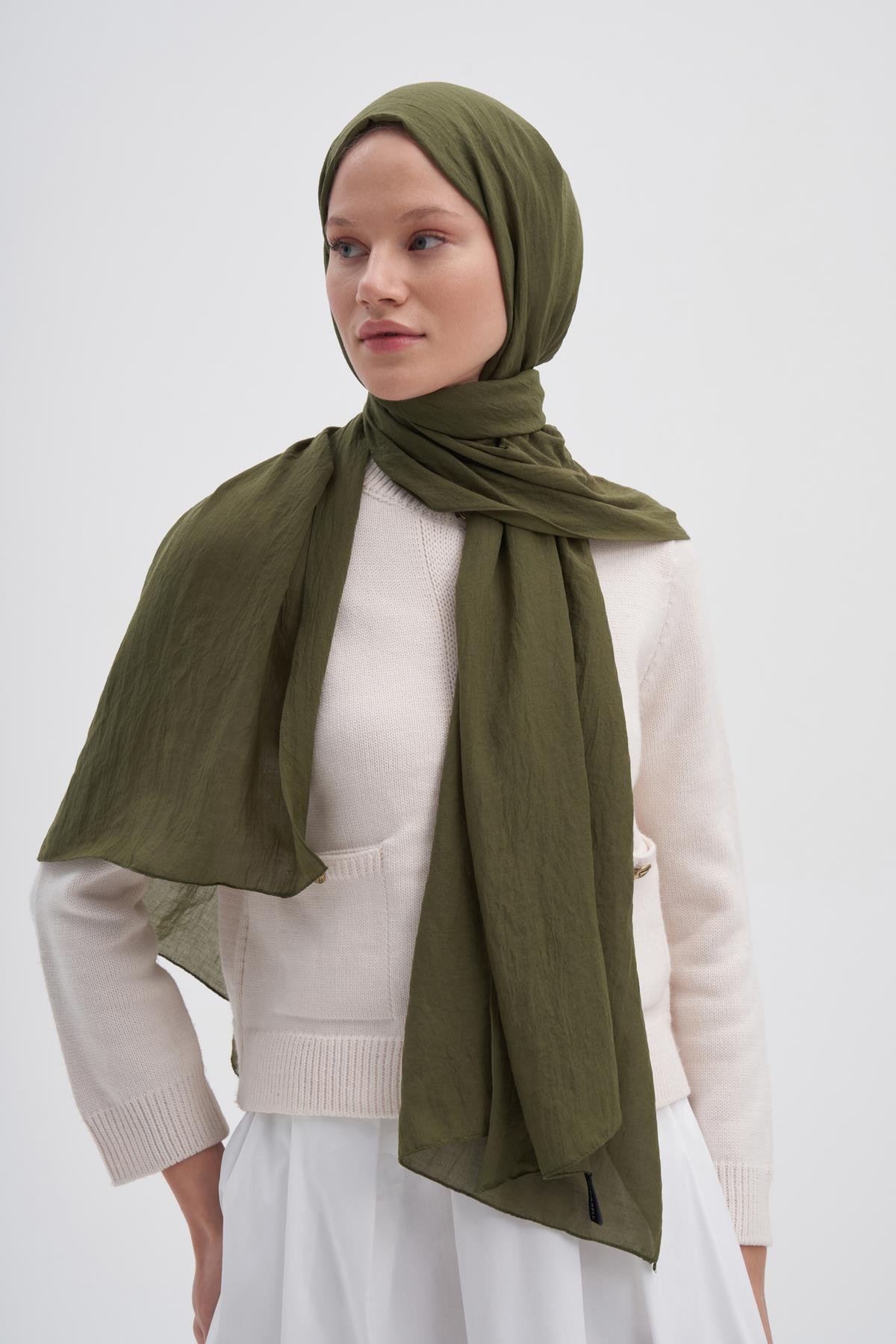 Organik  Kırışık  Şal Zeytin Yeşili