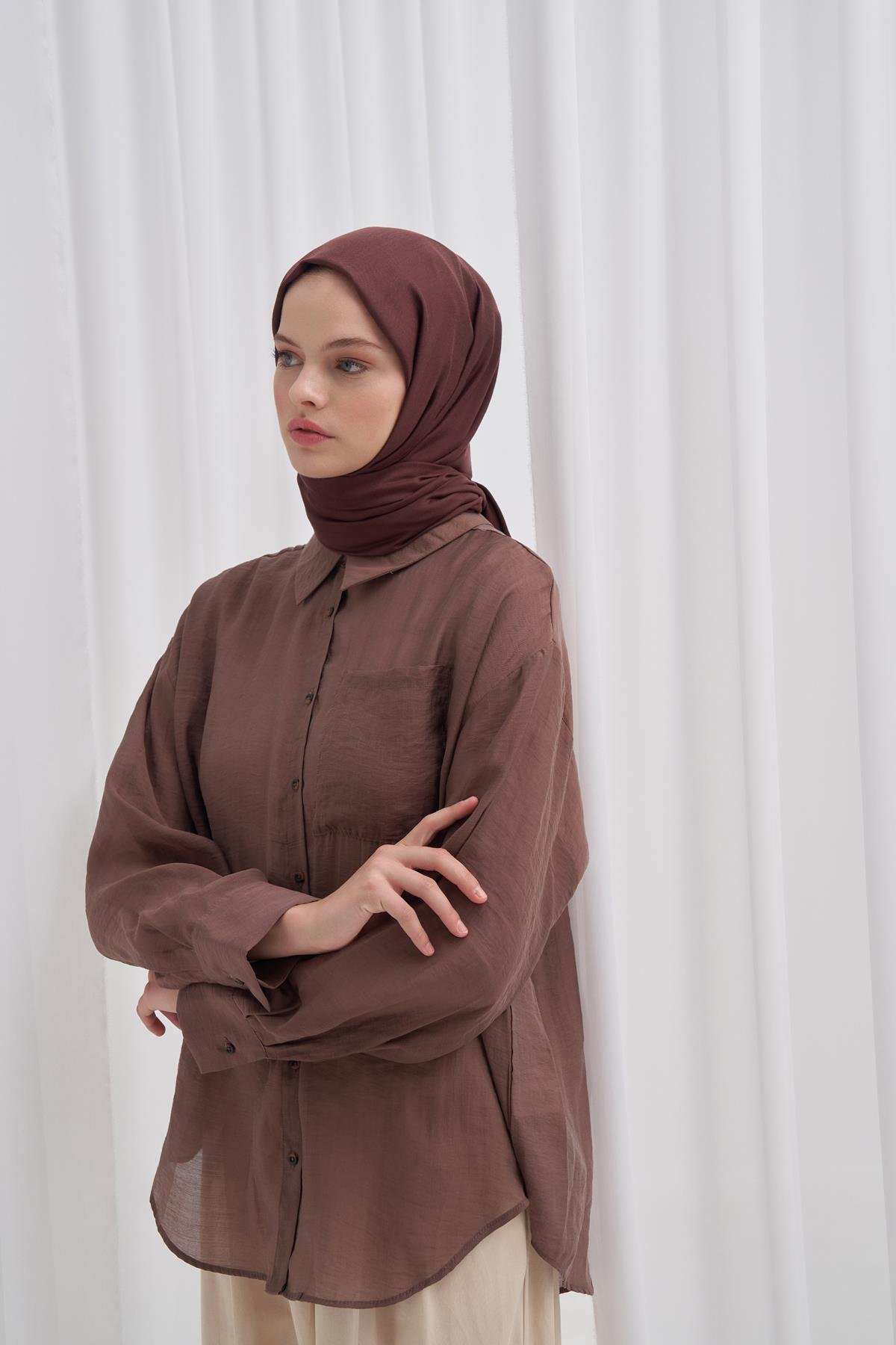 Şantuk Çift Taraflı İpekli Şal Acı Kahve