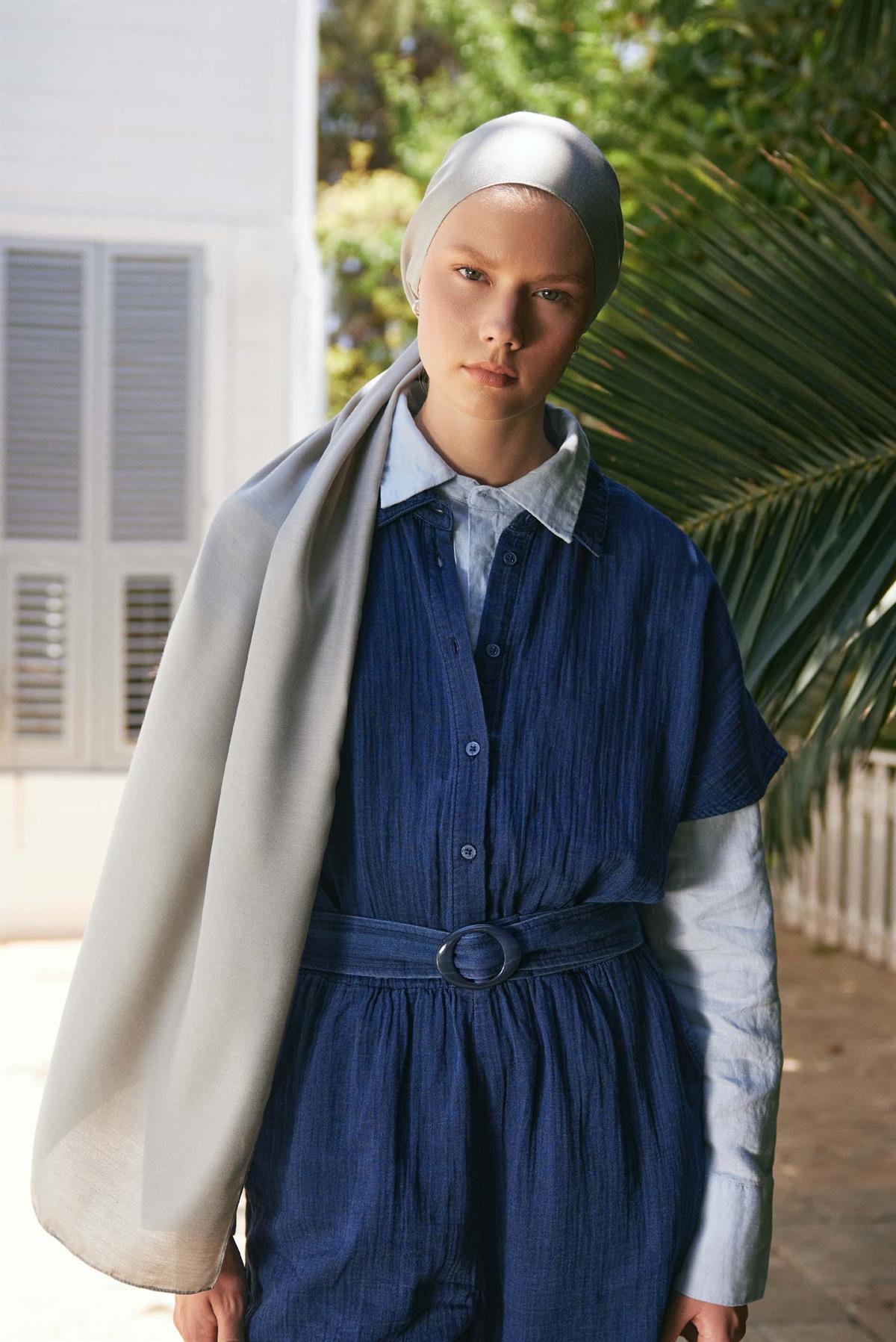 Şantuk Çift Taraflı  İpekli Şal Açık Gri