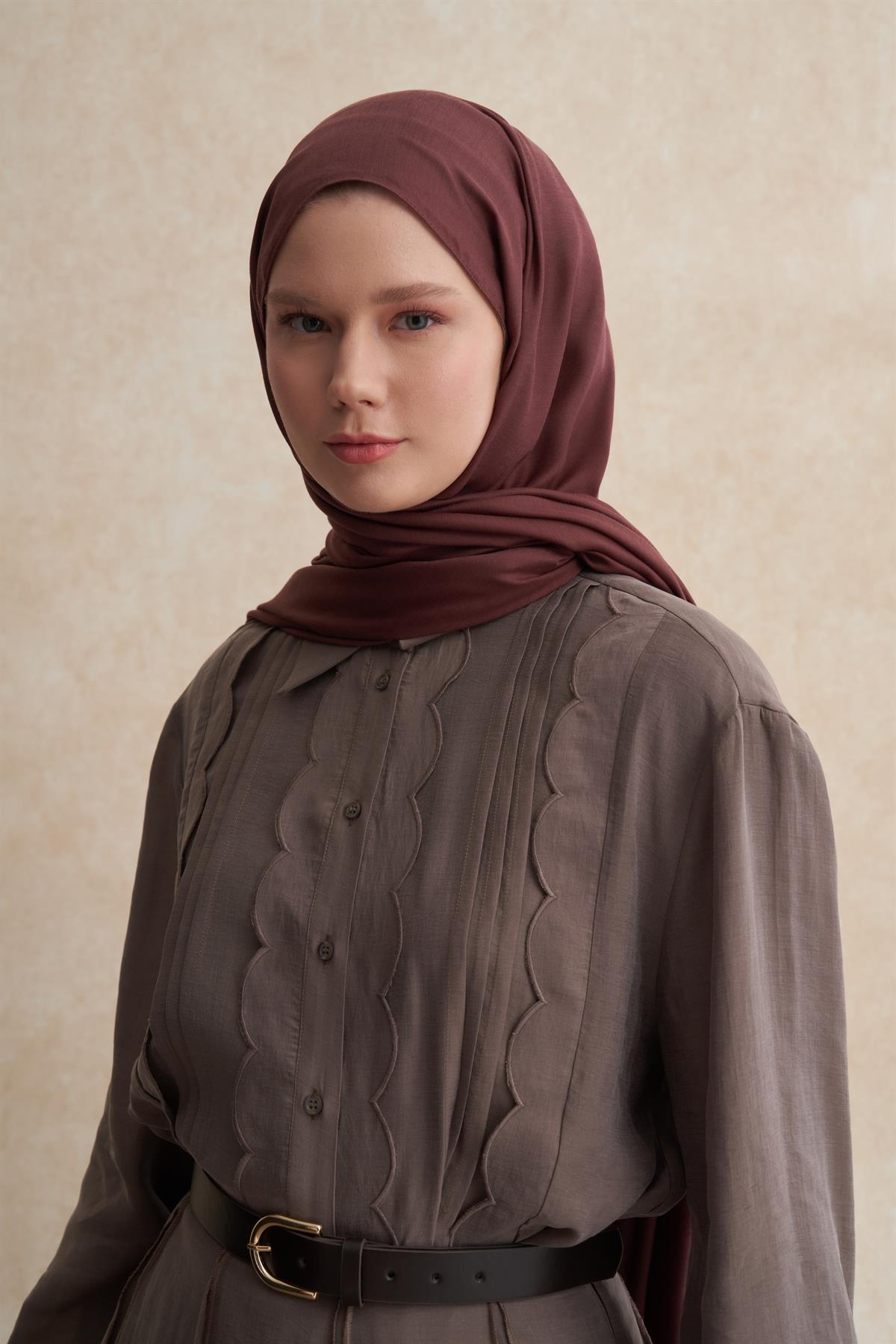 Şantuk Çift Taraflı İpekli Şal Kızıl Kahve