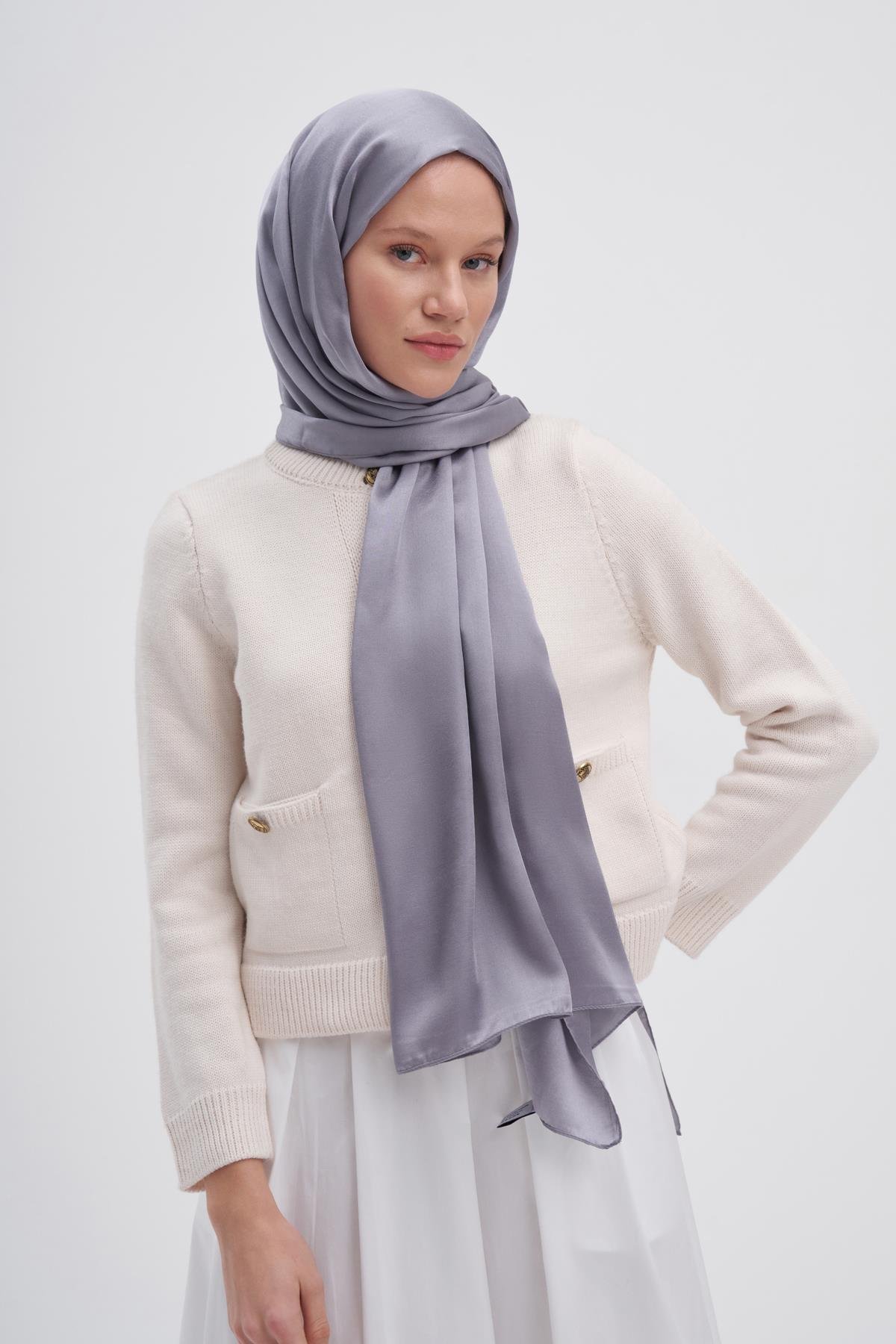 Şantuk Çift Taraflı İpekli Şal Silver Gri