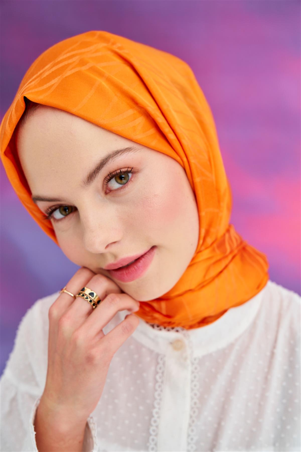 Simetrik Jakar İtalyan İpekli Şal Turuncu