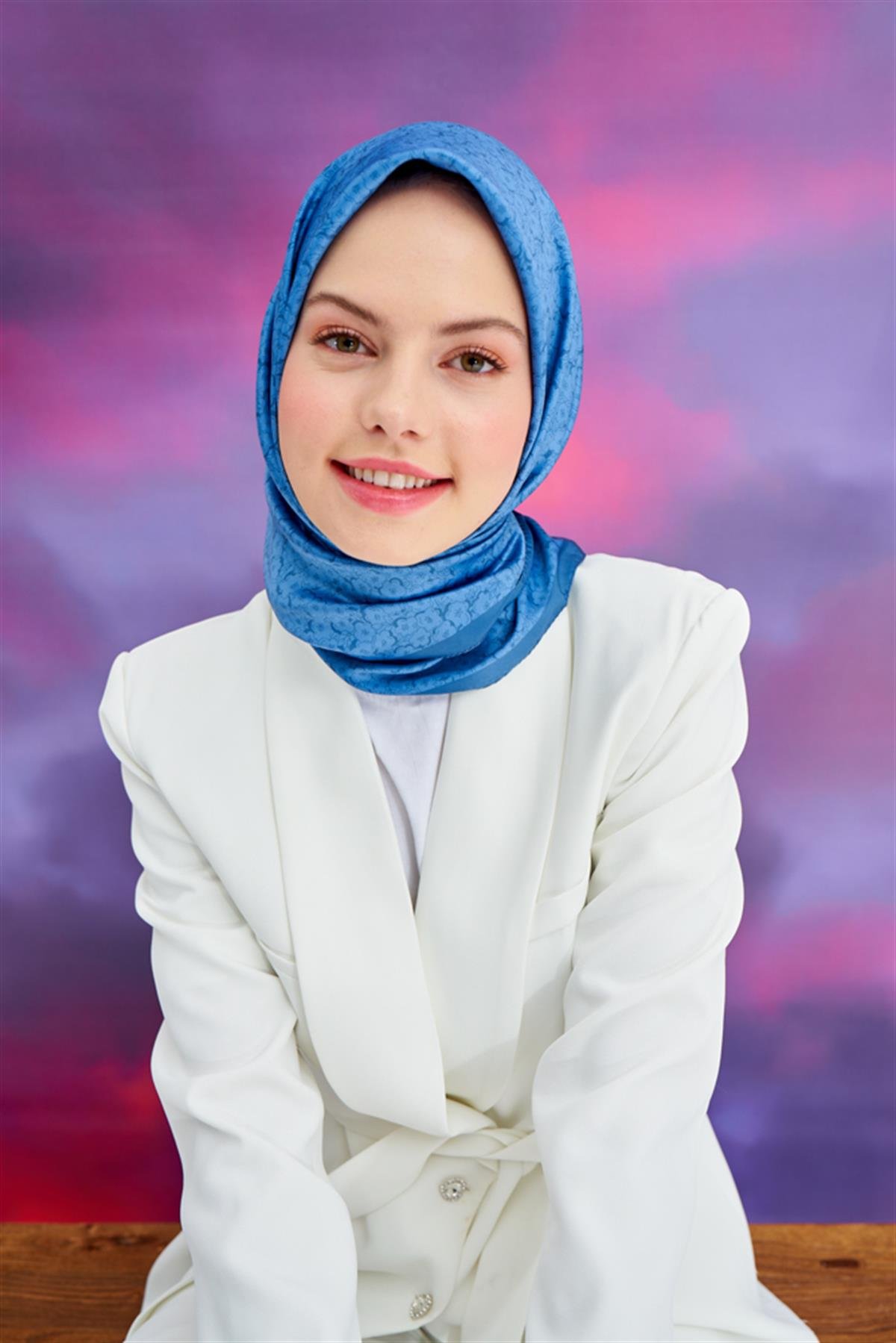 Twill Eşarp Çiçek Mavi