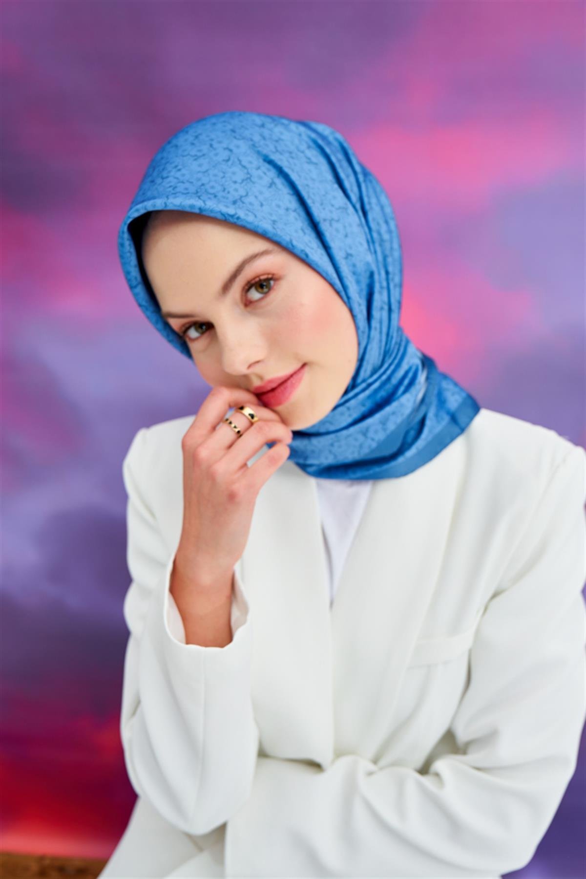 Twill Eşarp Çiçek Mavi