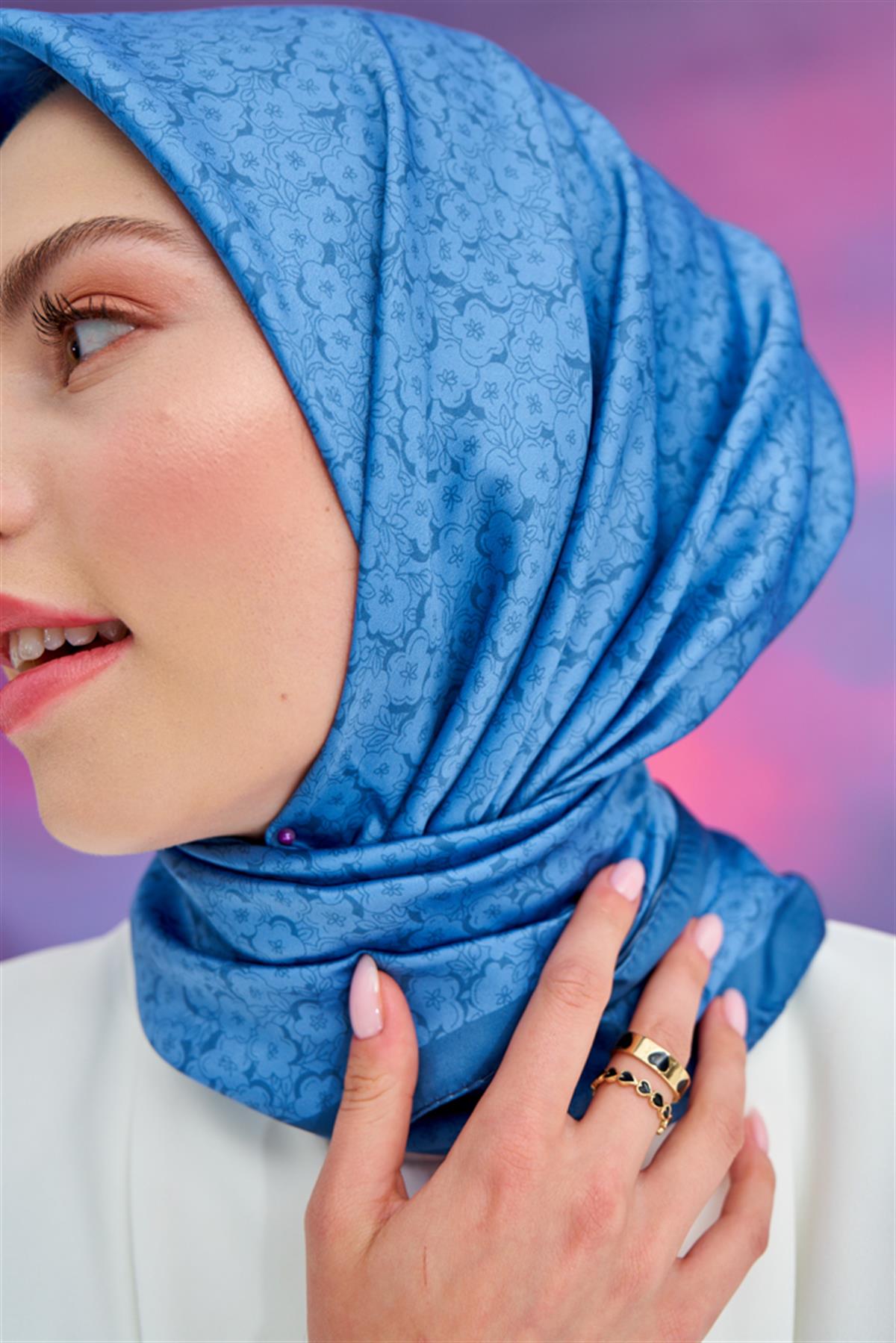 Twill Eşarp Çiçek Mavi