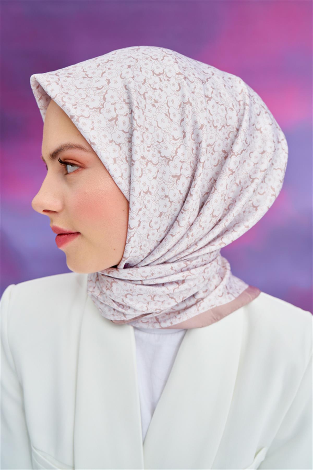 Twill Eşarp Çiçek Vizon