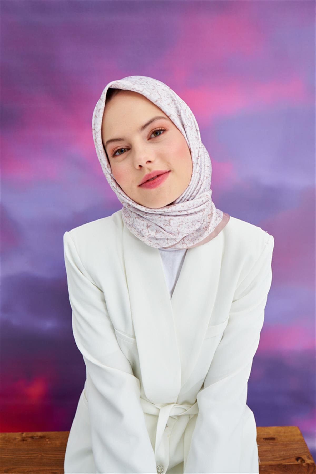 Twill Eşarp Çiçek Vizon