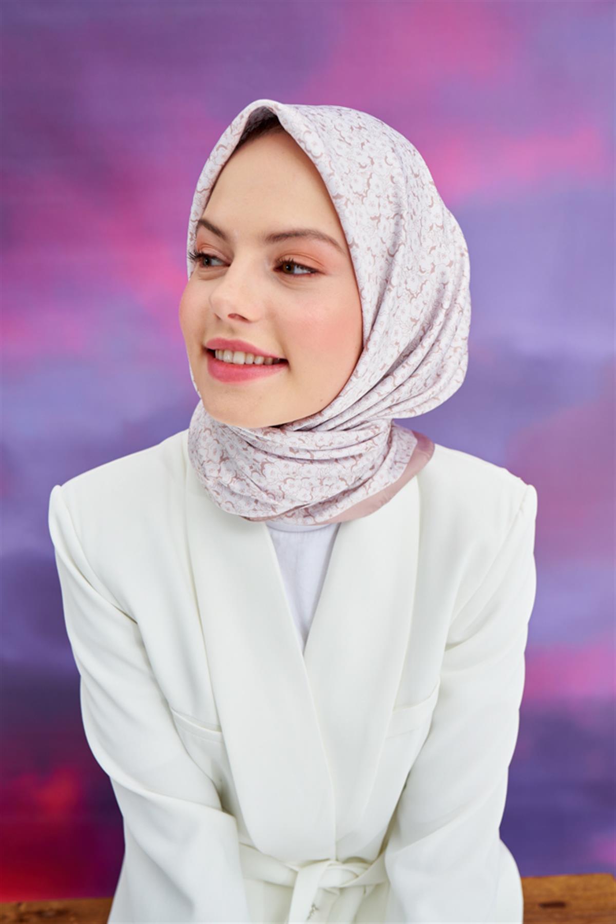 Twill Eşarp Çiçek Vizon