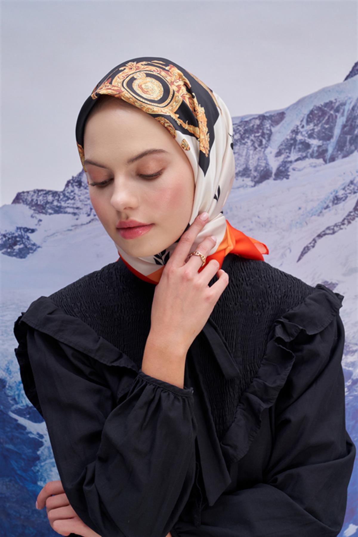 Twill Eşarp İtaly Desen Turuncu