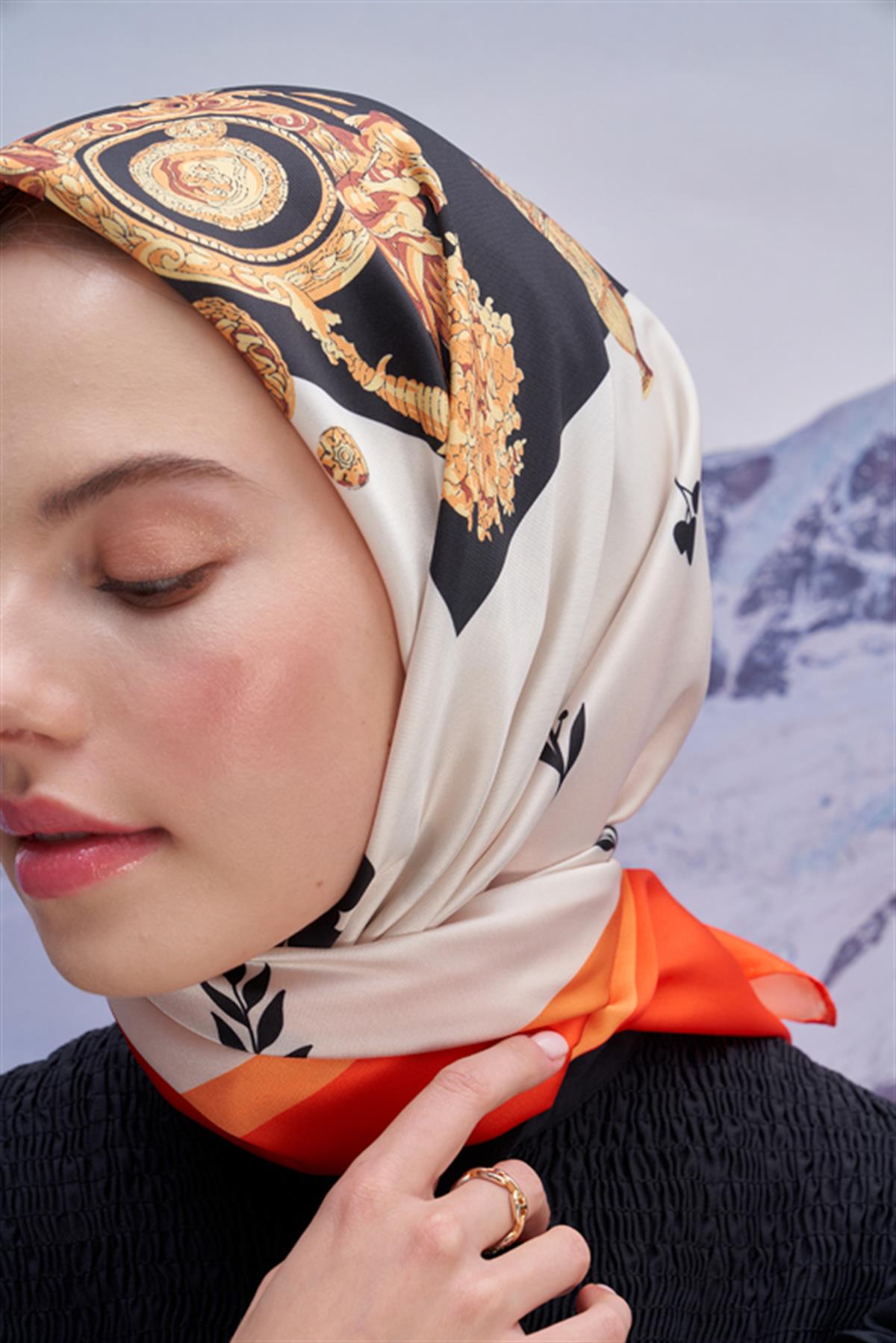 Twill Eşarp İtaly Desen Turuncu